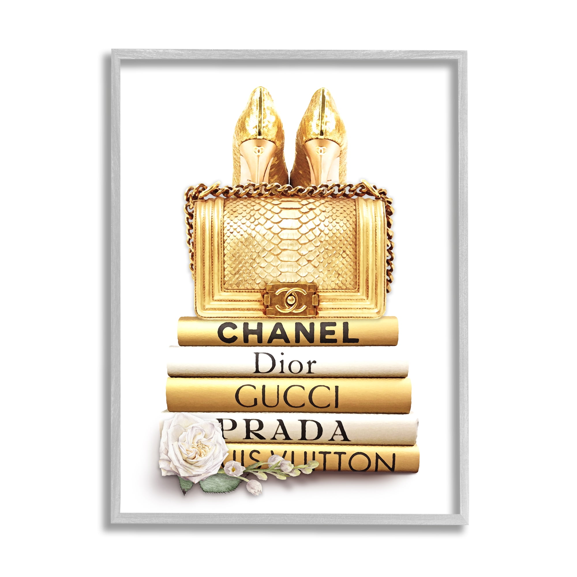 Stupell Industries Divine Golden Fashion Purse on Glam Designer Bookstack, 11 x 14, Designed by Ros Ruseva