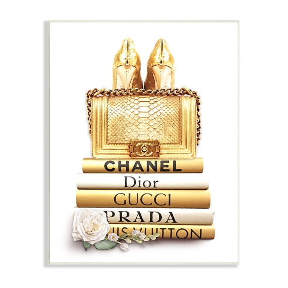 Stupell Industries Divine Golden Fashion Purse on Glam Designer Bookstack, 13 x 19, Designed by Ros Ruseva