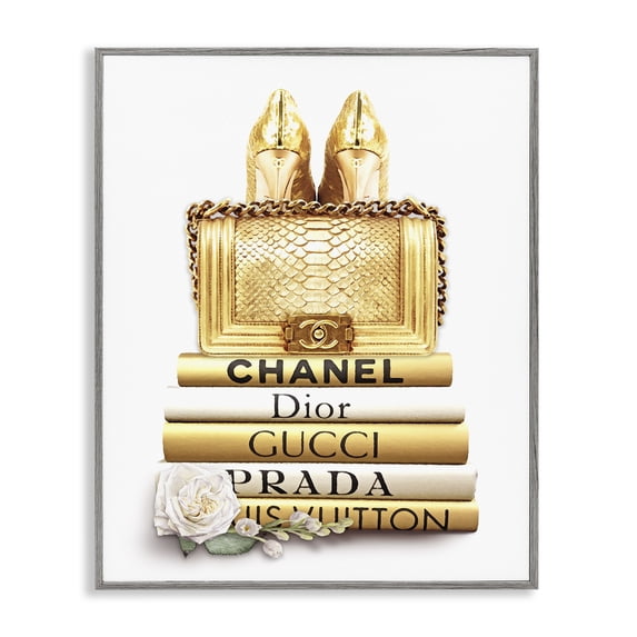 Stupell Industries Traditional Divine Golden Fashion Purse on Glam Designer Bookstack Gray Framed Giclee Art, 16 x 20, by Ros Ruseva