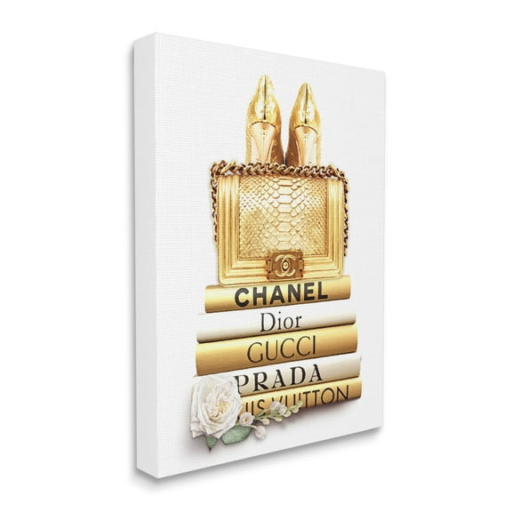 Stupell Industries Divine Golden Fashion Purse on Glam Designer Bookstack, 30 x 40, Designed by Ros Ruseva