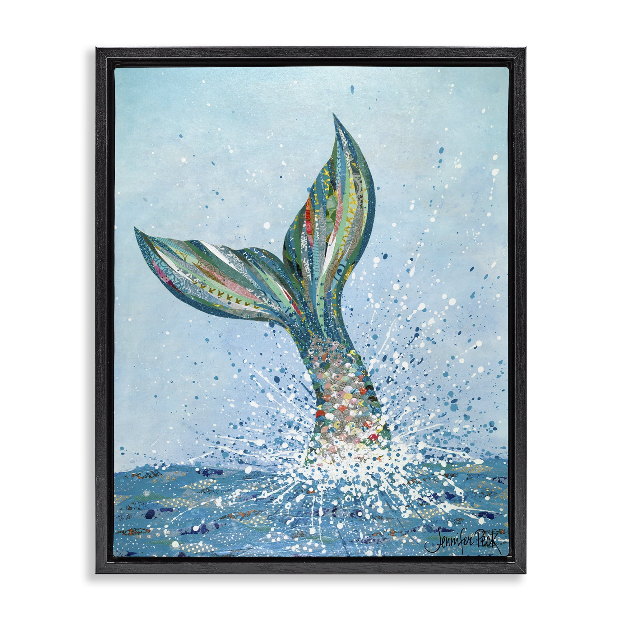 Stupell Industries Diving Mermaid Tail Fairy Tales & Fantasy Painting Black Floater Framed Canvas Art Print Wall Art, 25 x 31