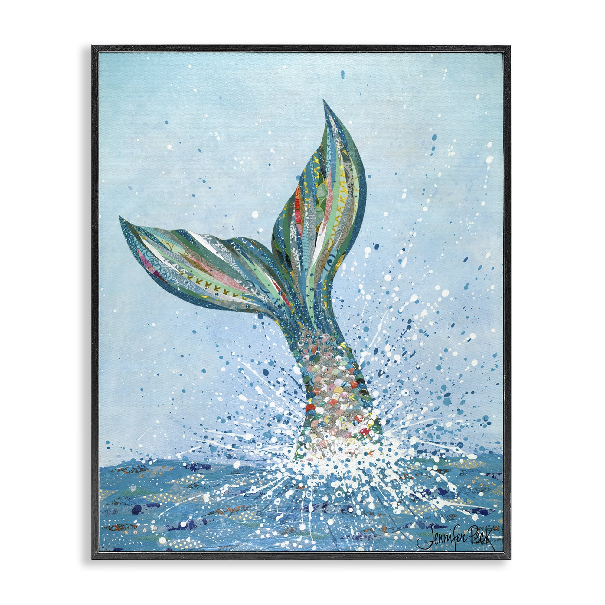 Stupell Industries Diving Mermaid Tail Fairy Tales & Fantasy Painting Black Framed Art Print Wall Art, 16 x 20