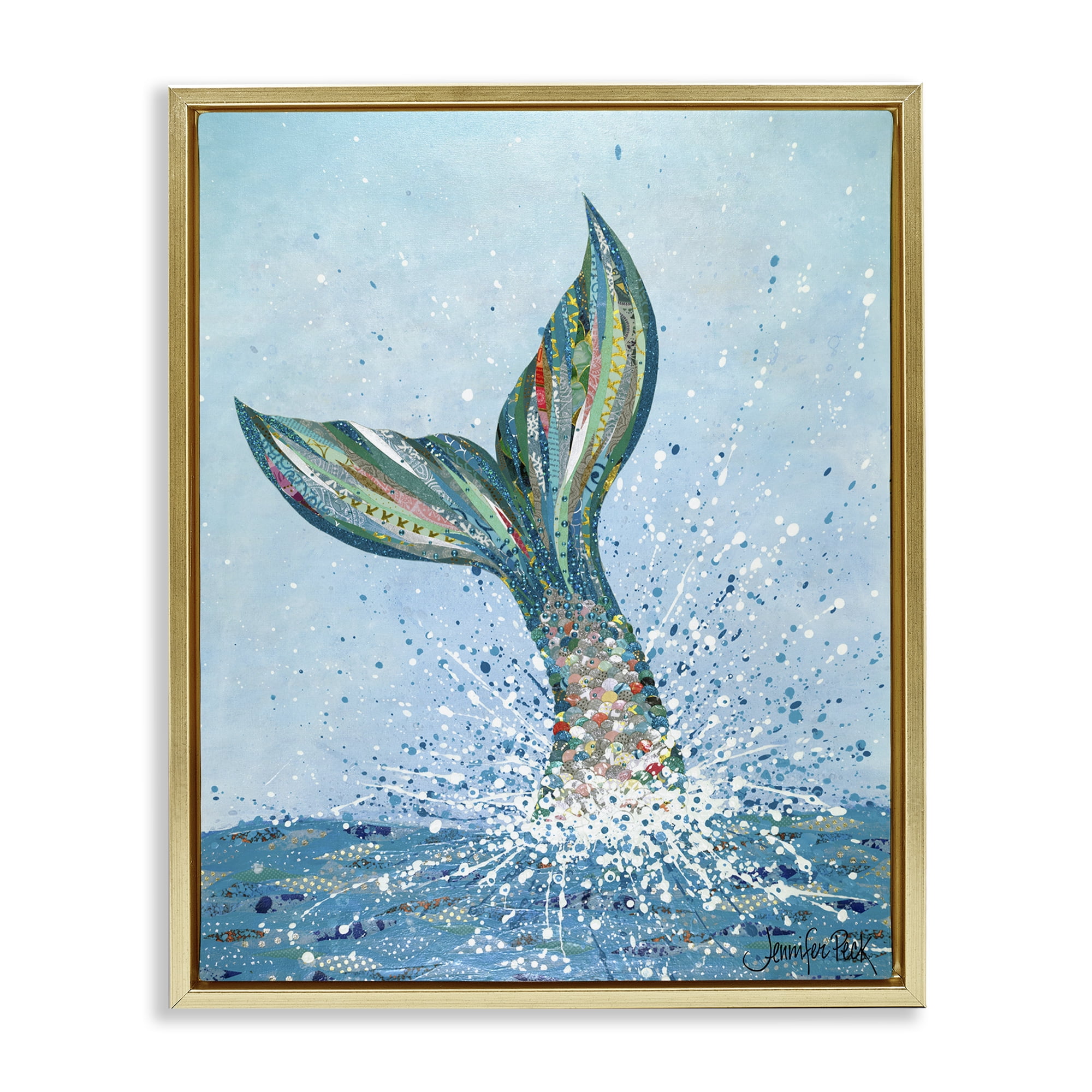 Stupell Industries Diving Mermaid Tail Fairy Tales & Fantasy Painting Gold Floater Framed Canvas Art Print Wall Art, 17 x 21