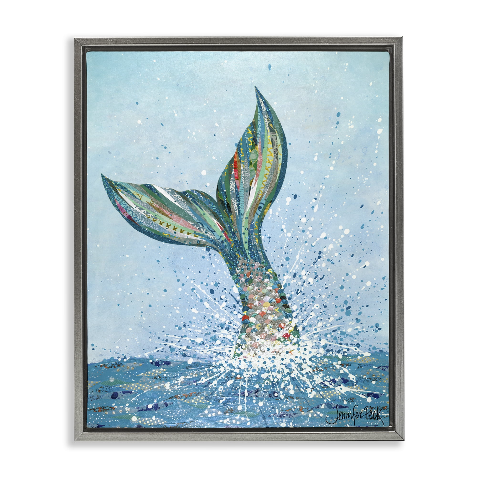 Stupell Industries Diving Mermaid Tail Fairy Tales & Fantasy Painting Gray Floater Framed Canvas Art Print Wall Art, 17 x 21