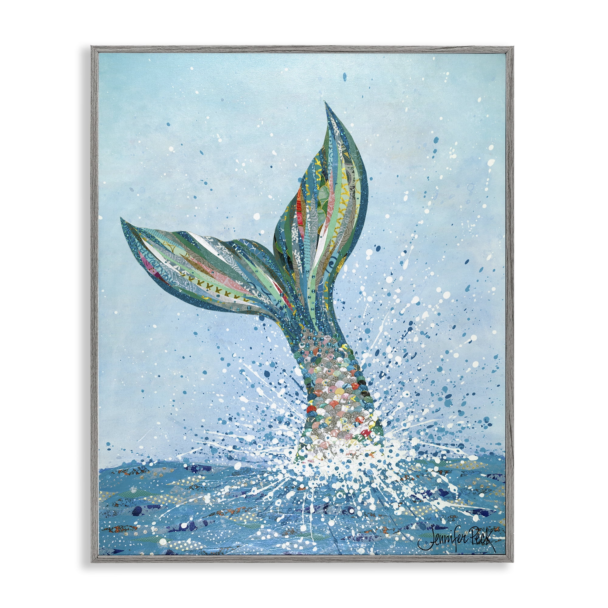 Stupell Industries Diving Mermaid Tail Fairy Tales & Fantasy Painting Gray Framed Art Print Wall Art, 24 x 30