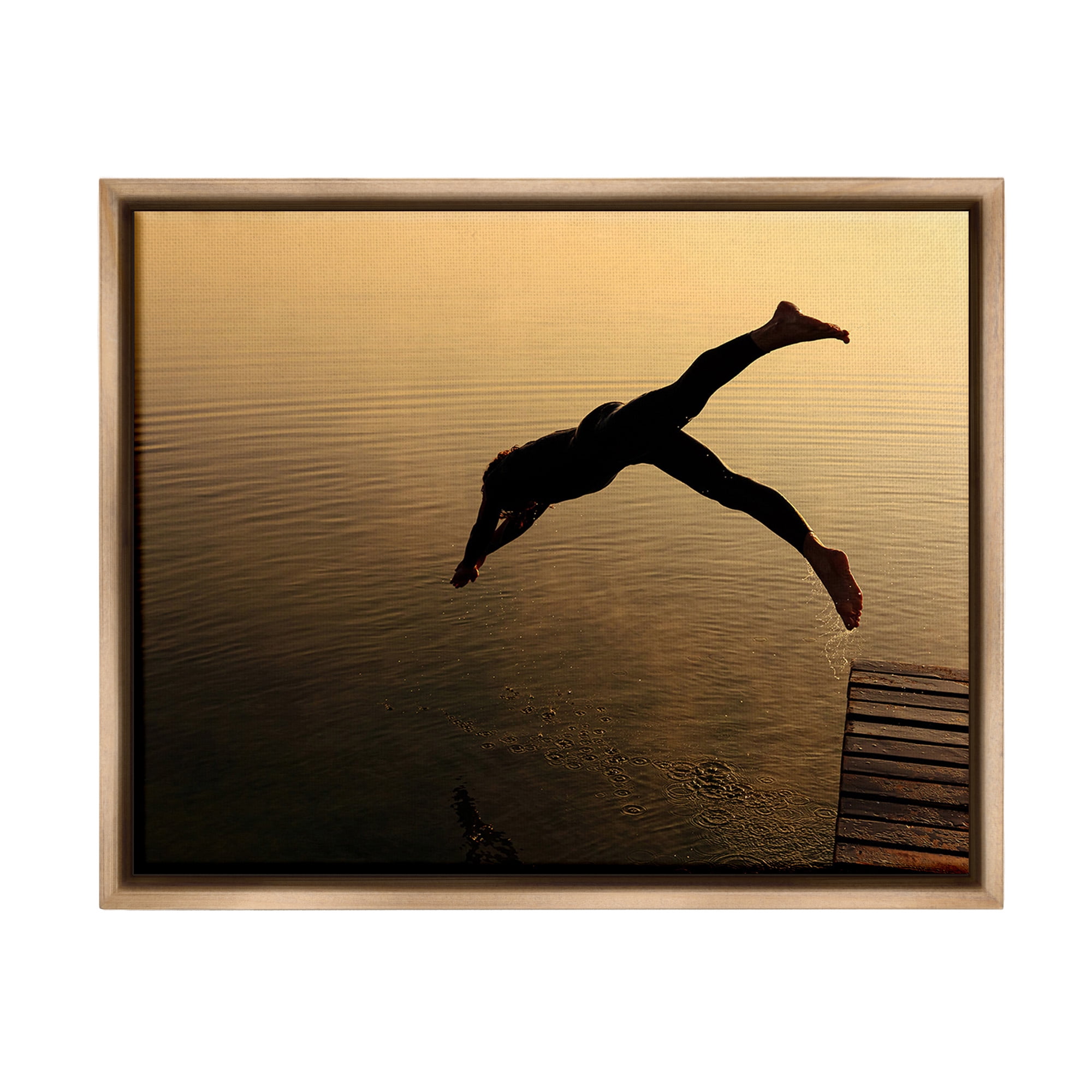 Stupell Industries Diving Off Dock Silhouette Novelty Photography Brown Floater Framed Canvas Art Print Wall Art, 21 x 17