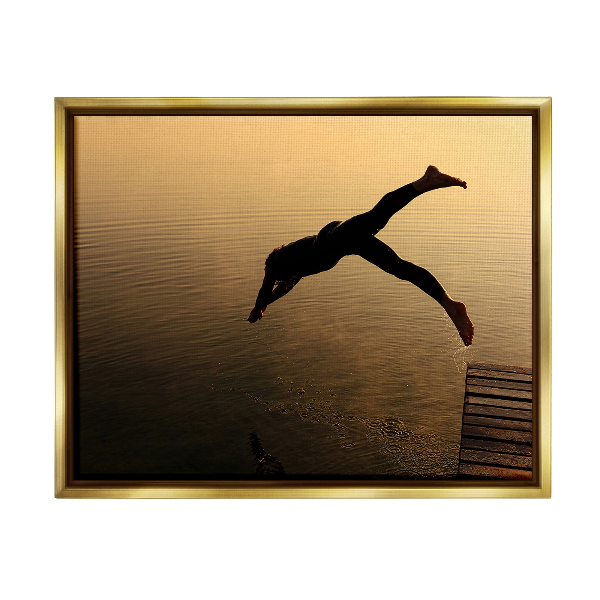 Stupell Industries Diving Off Dock Silhouette Novelty Photography Gold Floater Framed Canvas Art Print Wall Art, 31 x 25