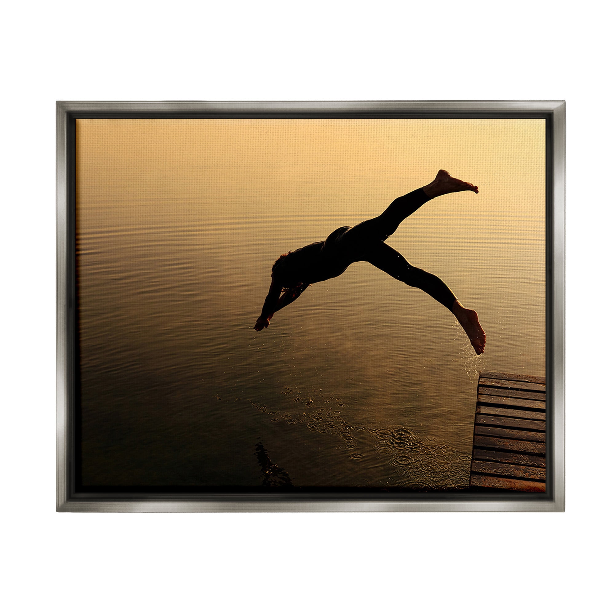 Stupell Industries Diving Off Dock Silhouette Novelty Photography Gray Floater Framed Canvas Art Print Wall Art, 31 x 25