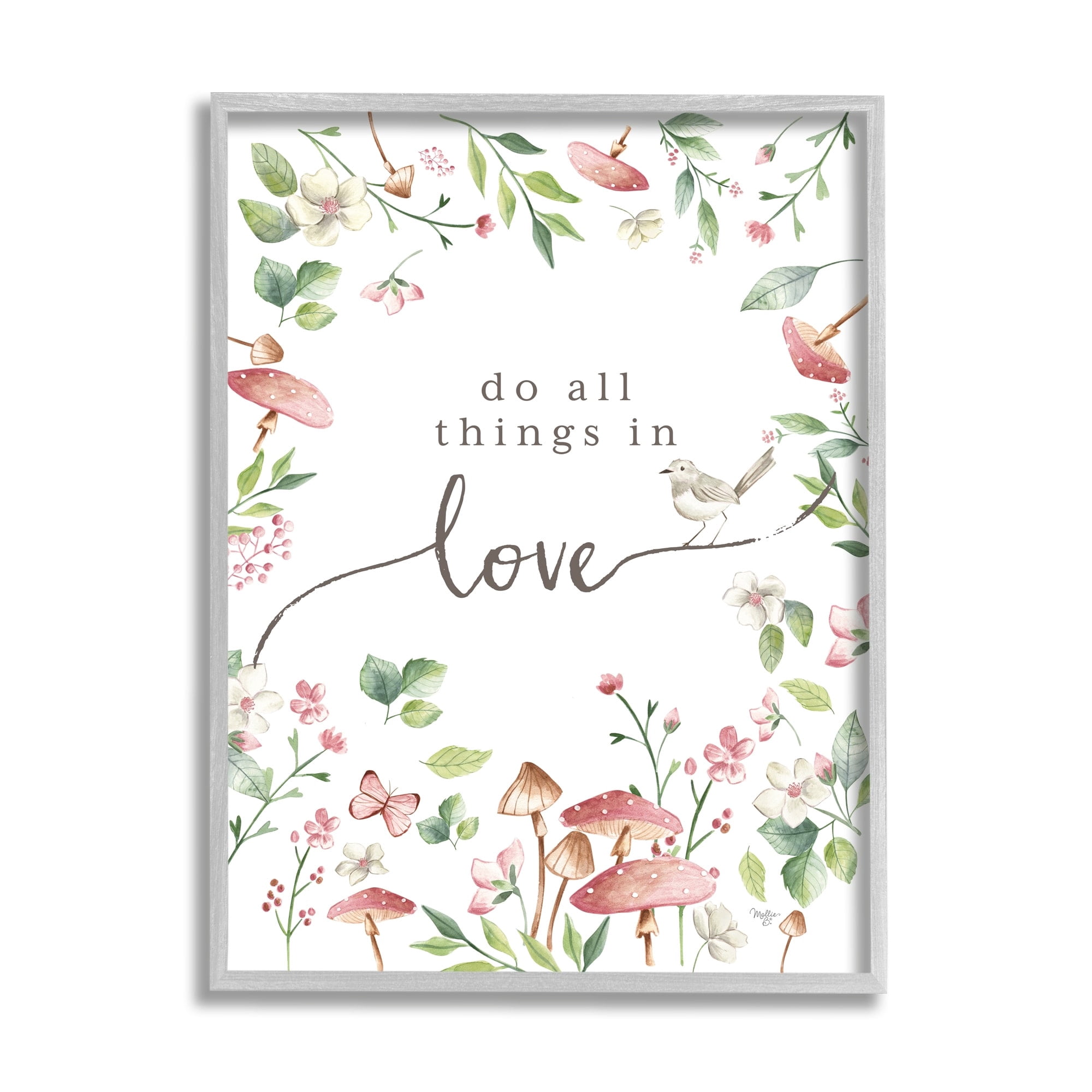 Stupell Industries Do All Things In Love Cottage Mushroom Floral Botanicals Graphic Art Gray Framed Art Print Wall Art, Design by Mollie B.