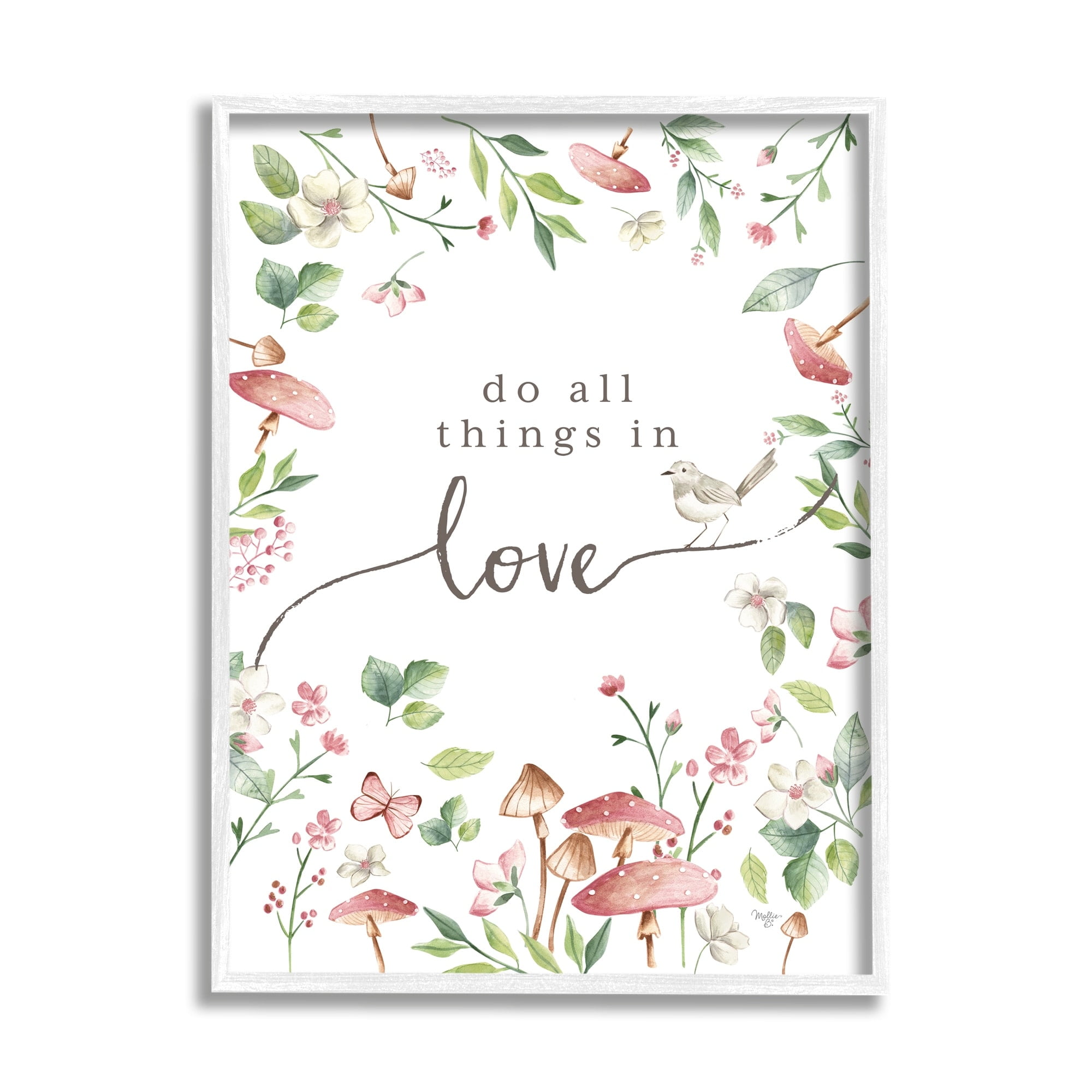 Stupell Industries Do All Things In Love Cottage Mushroom Floral Botanicals Graphic Art White Framed Art Print Wall Art, Design by Mollie B.