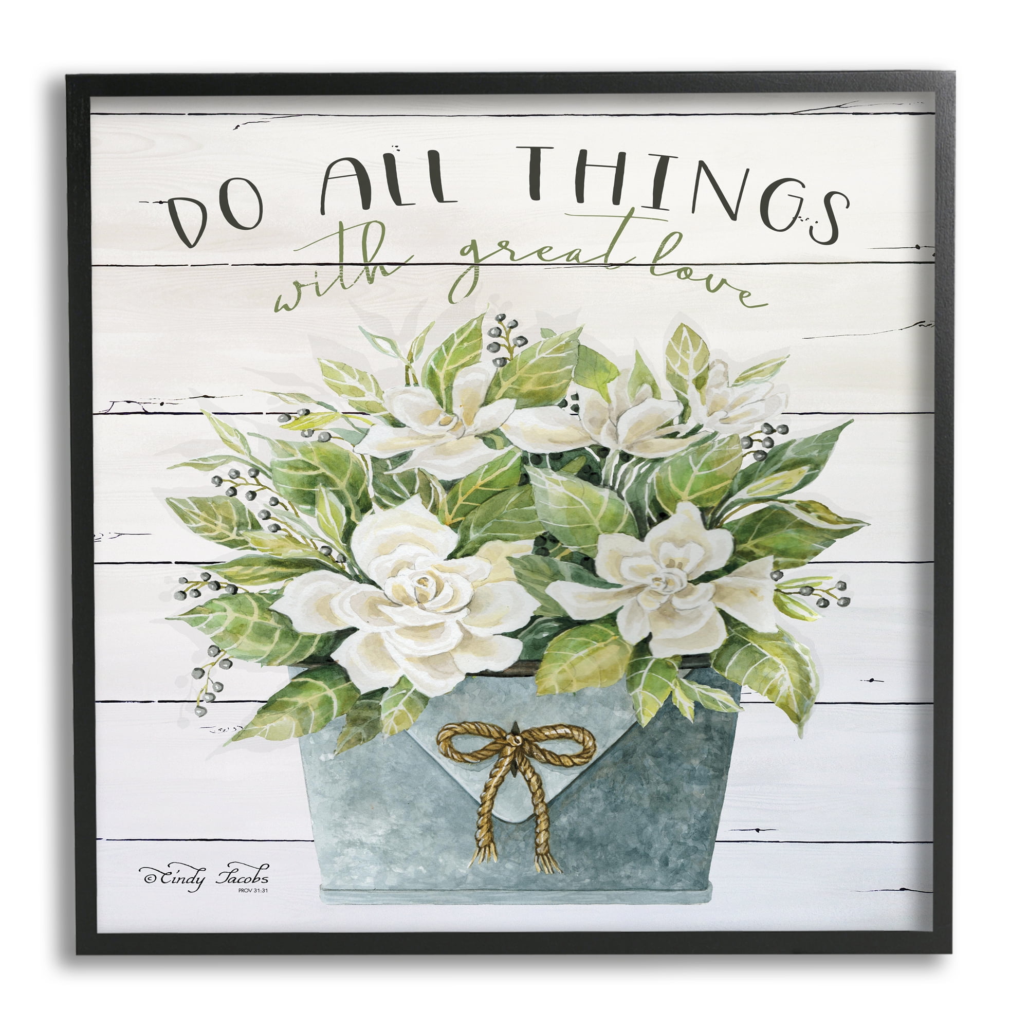 Stupell Industries Do All Things With Great Love Floral Magnolia Pail Planked Look, 24 x 24,Design by Cindy Jacobs