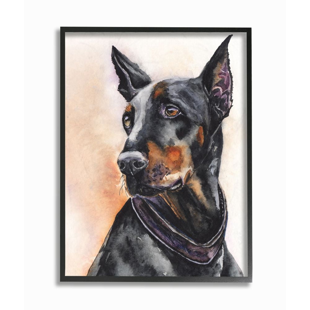 Stupell Industries Doberman Dog Pet Animal Watercolor Painting Framed Giclee Texturized Art by George Dyachenko