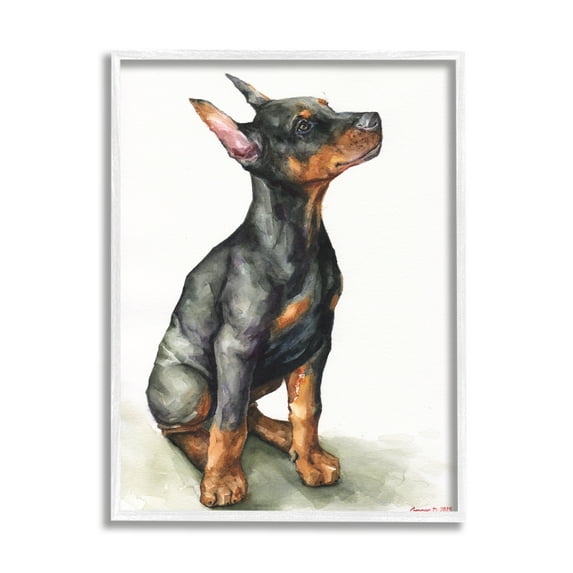 Stupell Industries Doberman Puppy Dog Pet Animal Watercolor Painting Framed Art Print Wall Art, 16x20, By George Dyachenko