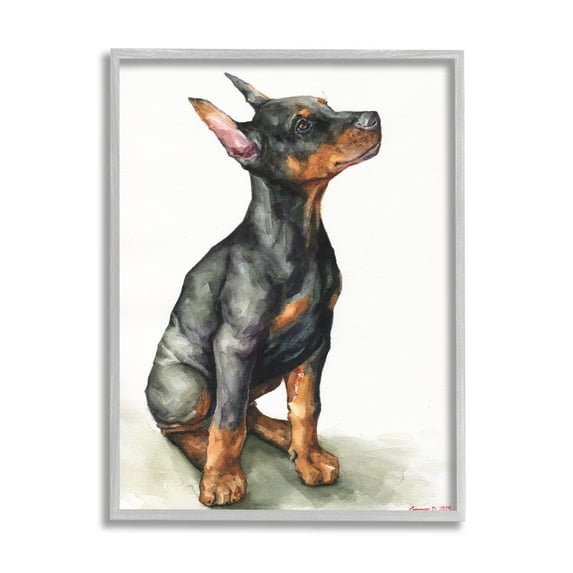 Stupell Industries Doberman Puppy Dog Pet Animal Watercolor Painting Framed Art Print Wall Art, 24x30, By George Dyachenko