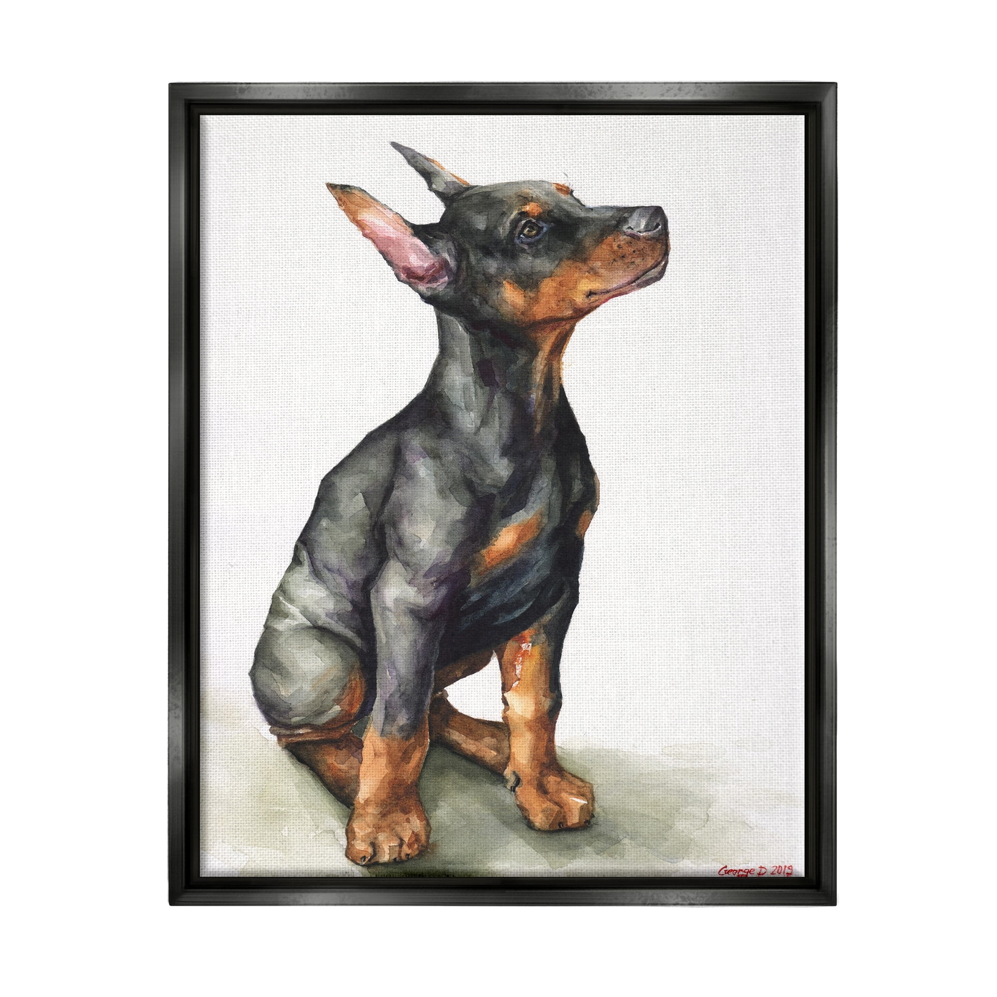 Stupell Industries Doberman Puppy Dog Pet Animal Watercolor Painting Jet Black Framed Floating Canvas Wall Art, 24x30, by George Dyachenko