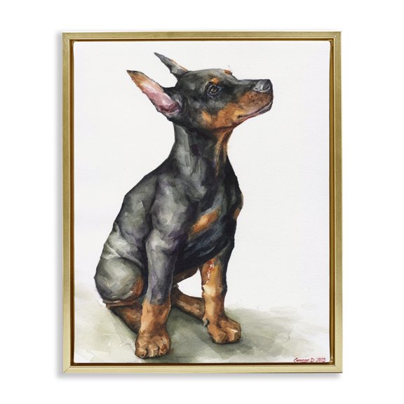 Stupell Industries French Country Doberman Puppy Dog Pet Animal Watercolor Gold Floating Frame Canvas Art, 25 x 31, by George Dyachenko
