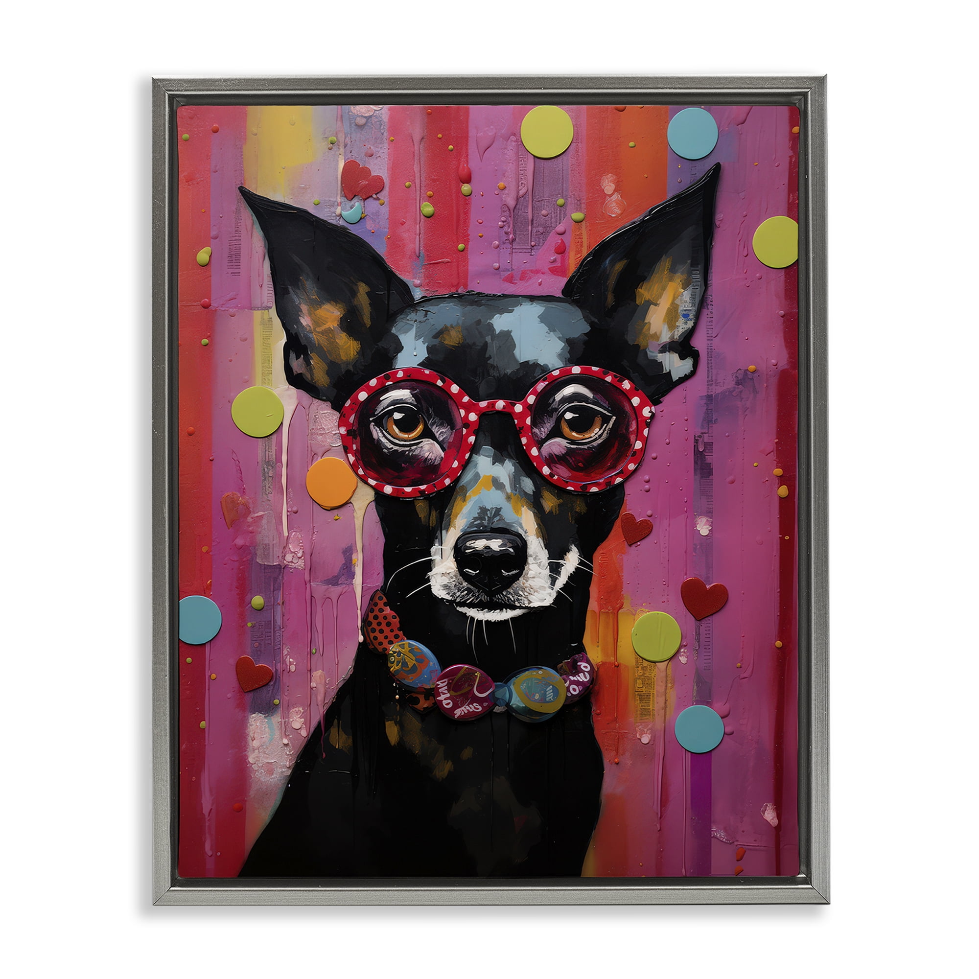 Stupell Industries Dobermann Dog with Glasses Animals Painting Gray Floater Framed Canvas Art Print Wall Art, 17 x 21