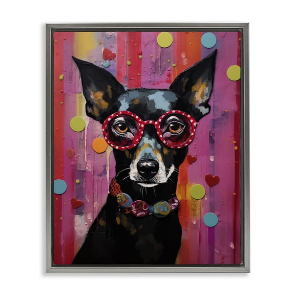 Stupell Industries Dobermann Dog with Glasses Animals Painting Gray Floater Framed Canvas Art Print Wall Art, 25 x 31