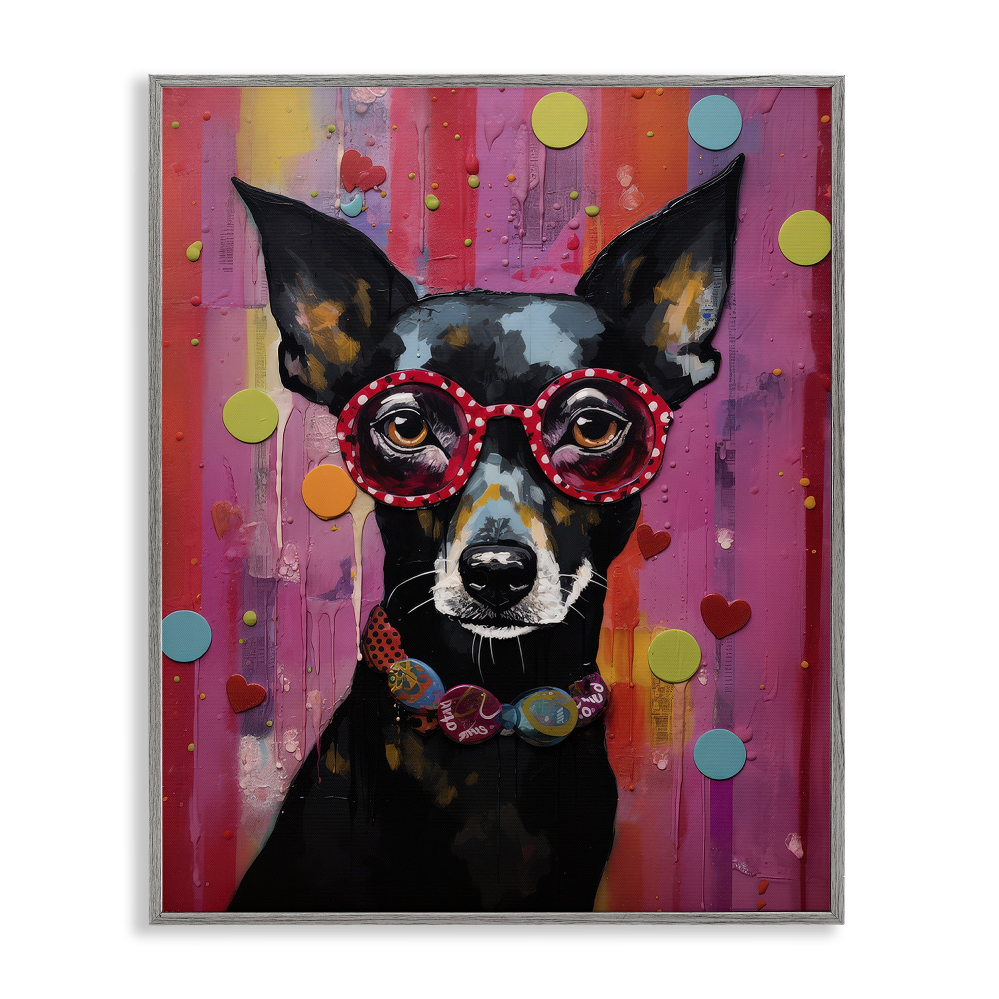 Stupell Industries Dobermann Dog with Glasses Animals Painting Gray Framed Art Print Wall Art, 11 x 14