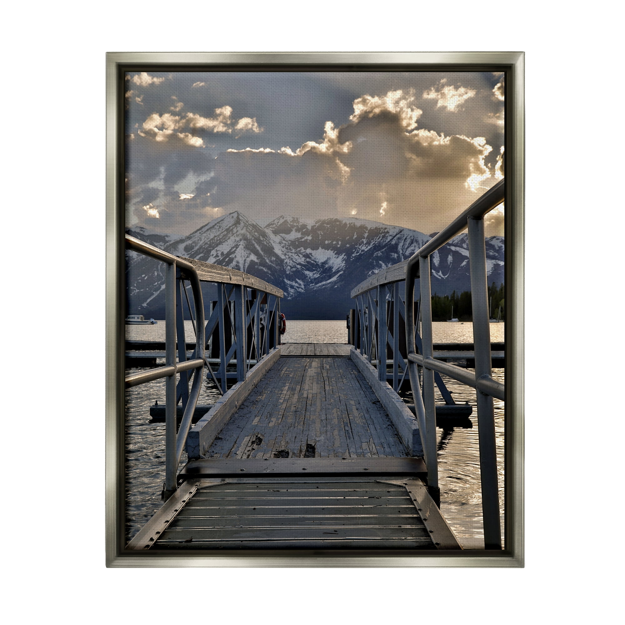 Stupell Industries Dock & Mountain View Landscape Photography Gray Floater Framed Canvas Art Print Wall Art, 17 x 21