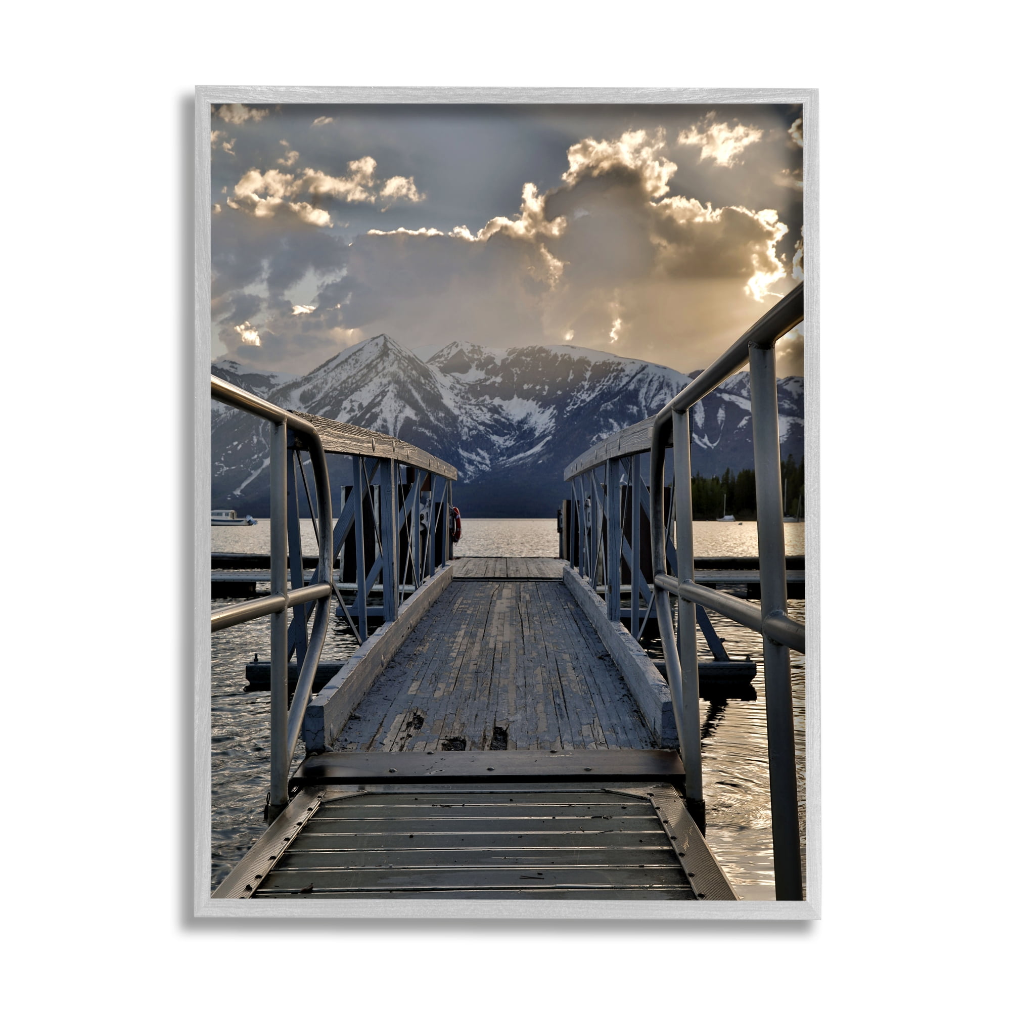 Stupell Industries Dock & Mountain View Landscape Photography Gray Framed Art Print Wall Art, 11 x 14