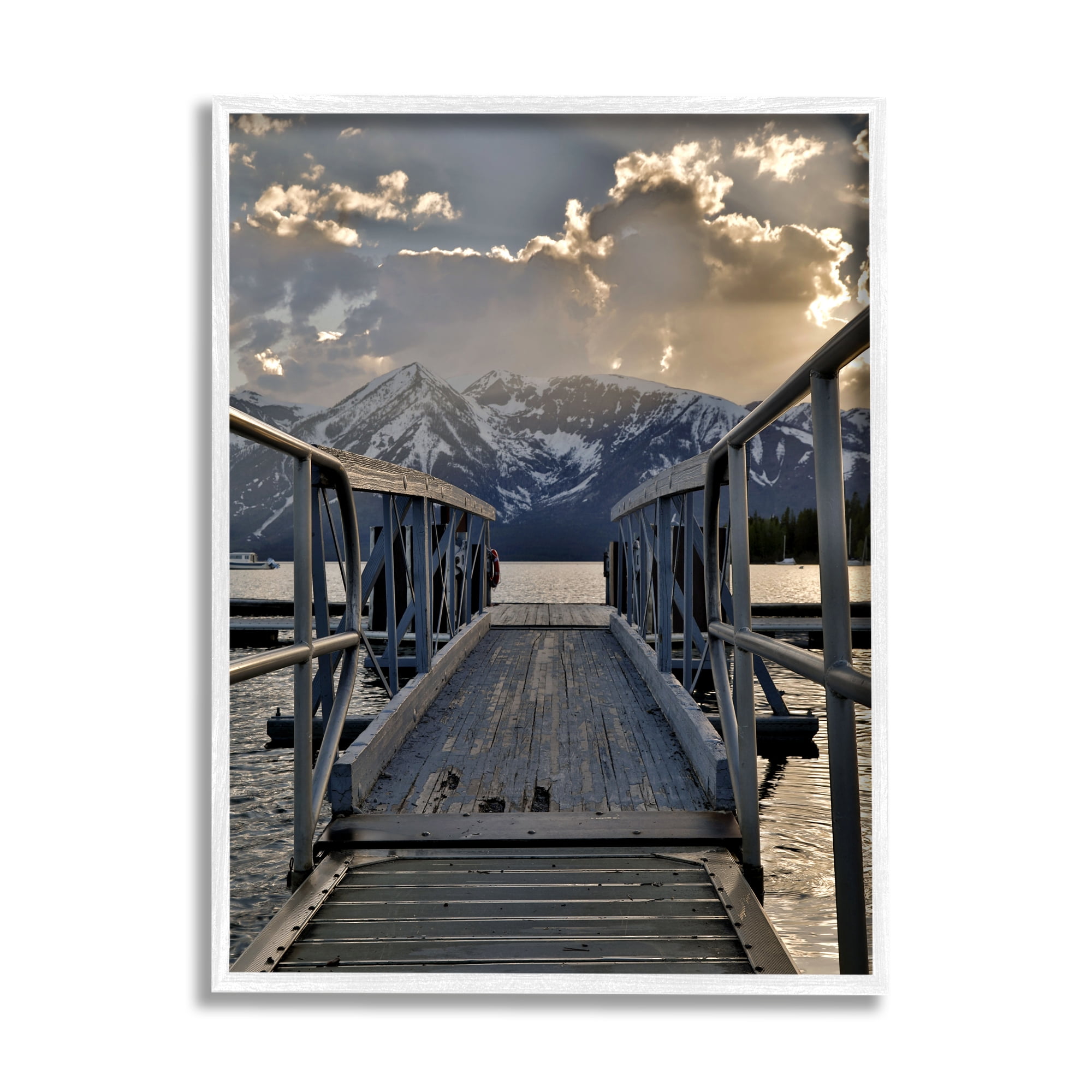 Stupell Industries Dock & Mountain View Landscape Photography White Framed Art Print Wall Art, 11 x 14