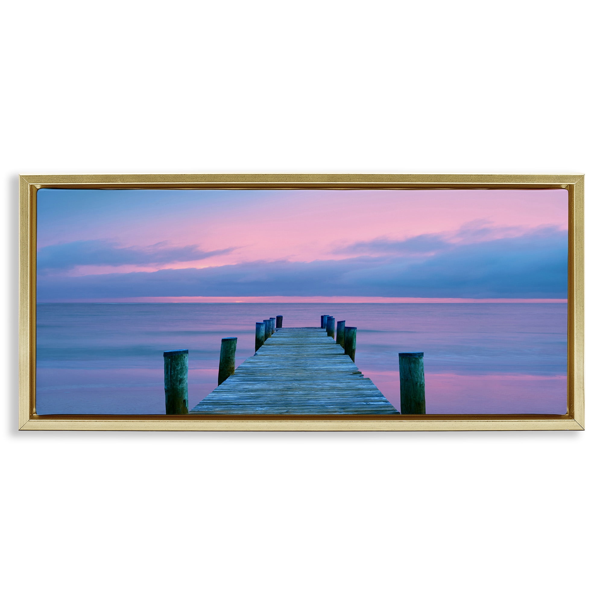 Stupell Industries Dock at Sunset Horizon Nature Photography Gold Floater Framed Canvas Art Print Wall Art, 31 x 14
