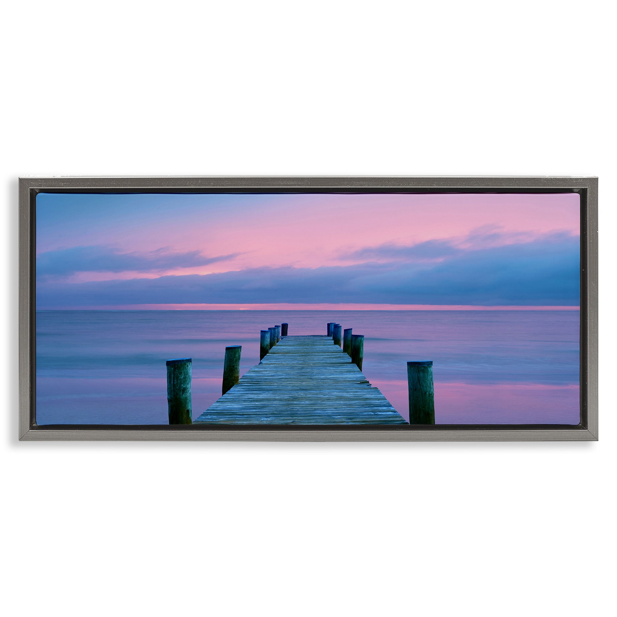 Stupell Industries Dock at Sunset Horizon Nature Photography Gray Floater Framed Canvas Art Print Wall Art, 25 x 11