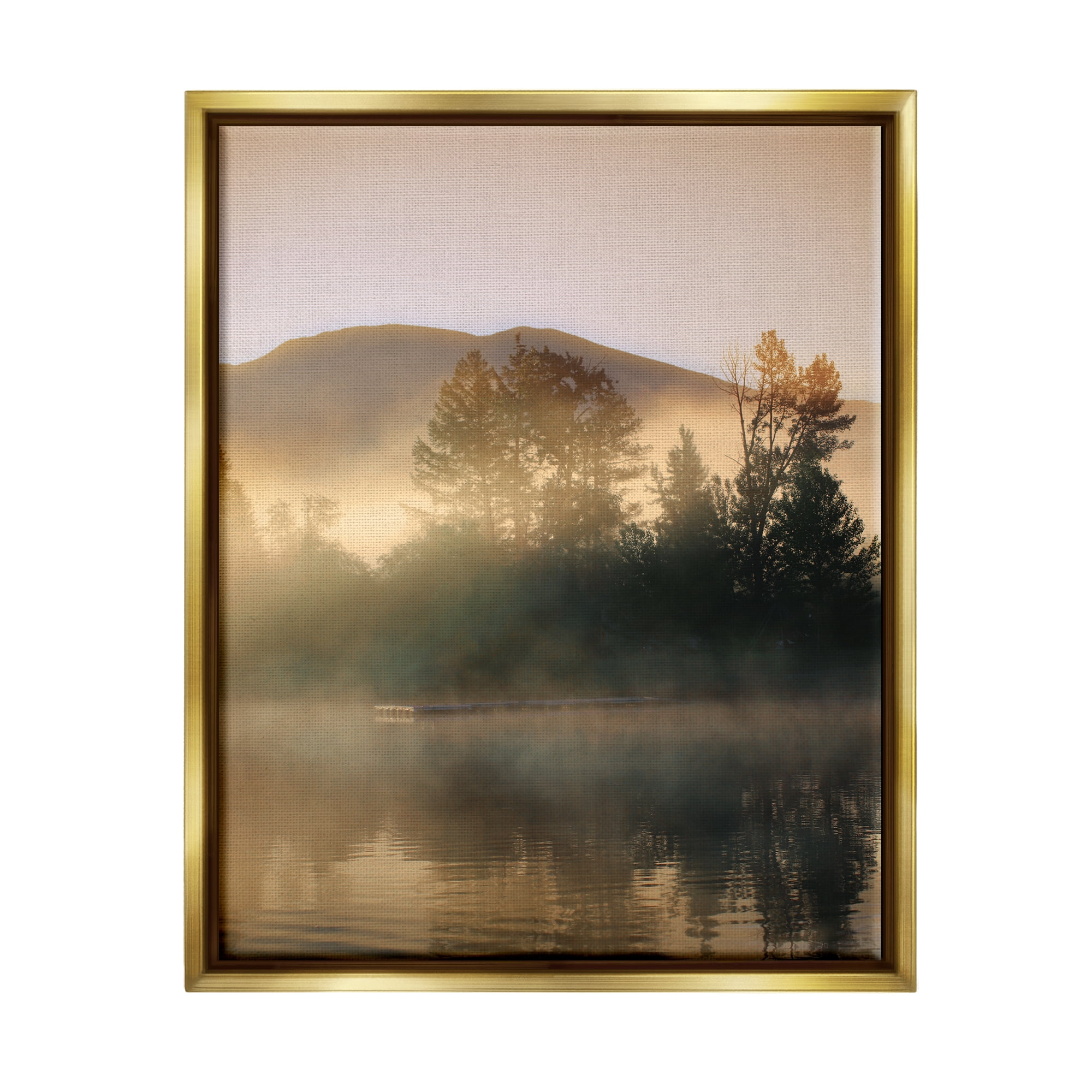 Stupell Industries Dock in Foggy Lake Landscape Photography Gold Floater Framed Canvas Art Print Wall Art, 25 x 31