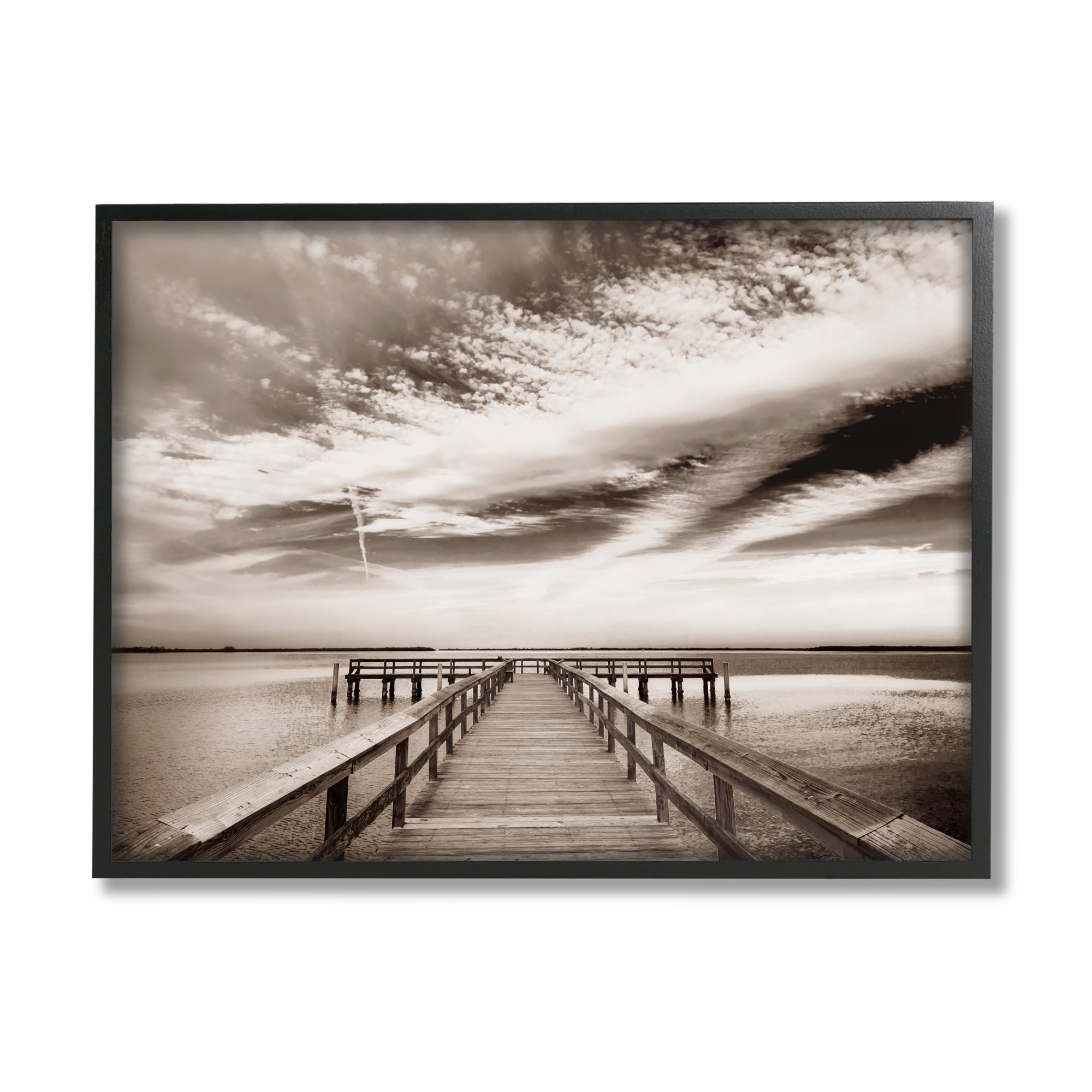 Stupell Industries Dock with Cloudy Sky Landscape Photography Black Framed Art Print Wall Art, 14 x 11