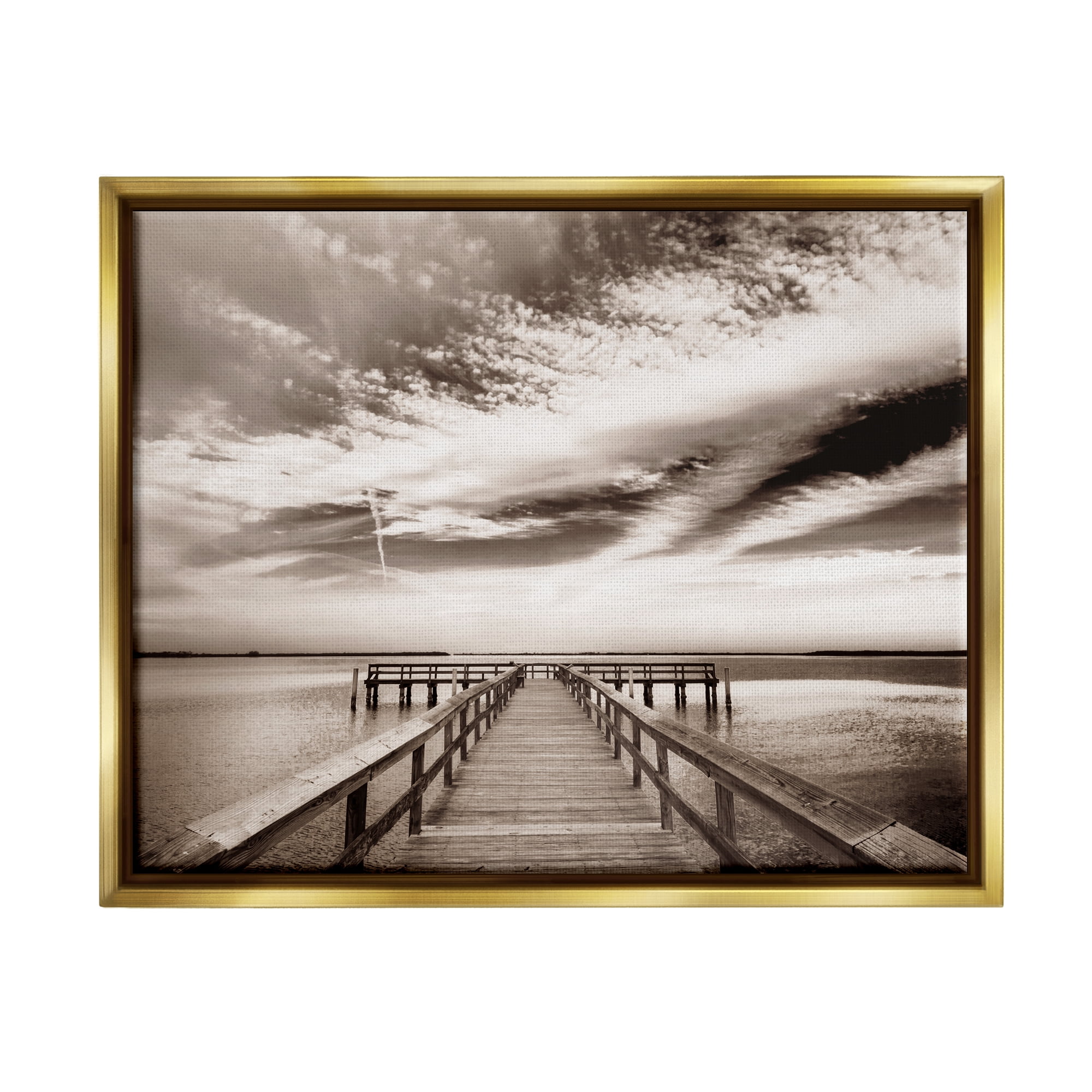 Stupell Industries Dock with Cloudy Sky Landscape Photography Gold Floater Framed Canvas Art Print Wall Art, 21 x 17