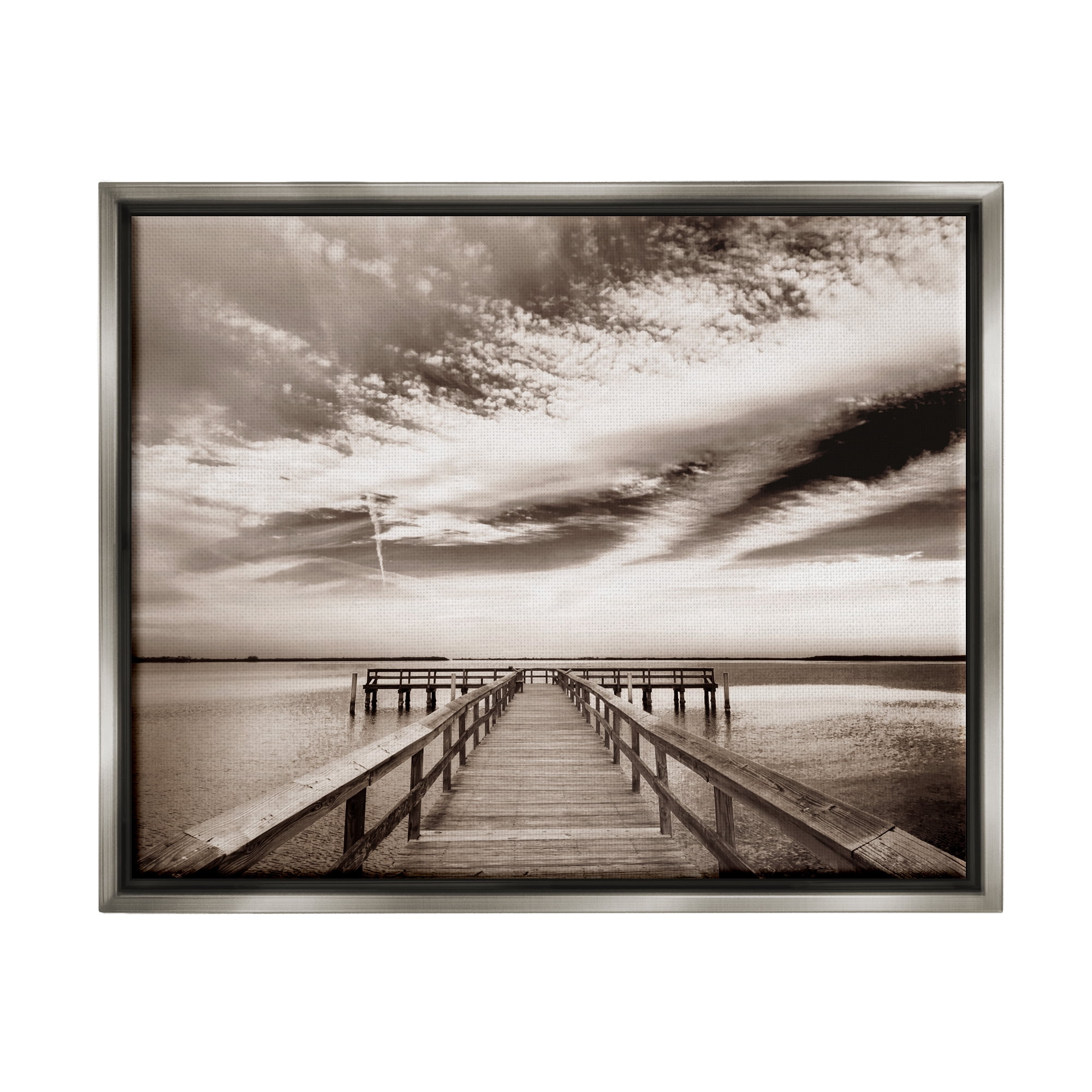 Stupell Industries Dock with Cloudy Sky Landscape Photography Gray Floater Framed Canvas Art Print Wall Art, 31 x 25