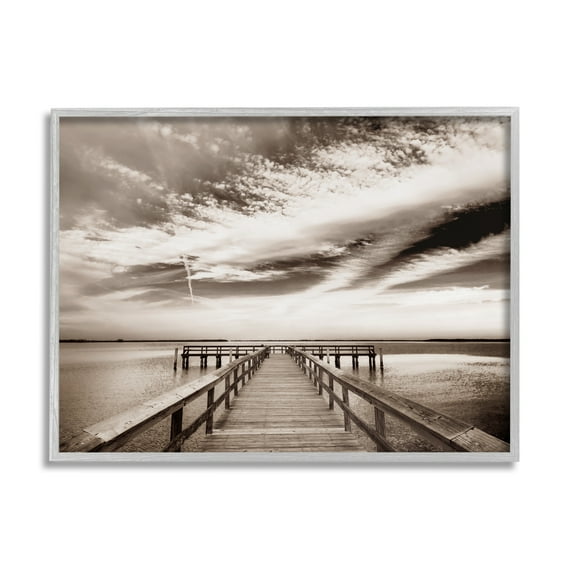 Stupell Industries Dock with Cloudy Sky Landscape Photography Gray Framed Art Print Wall Art, 14 x 11
