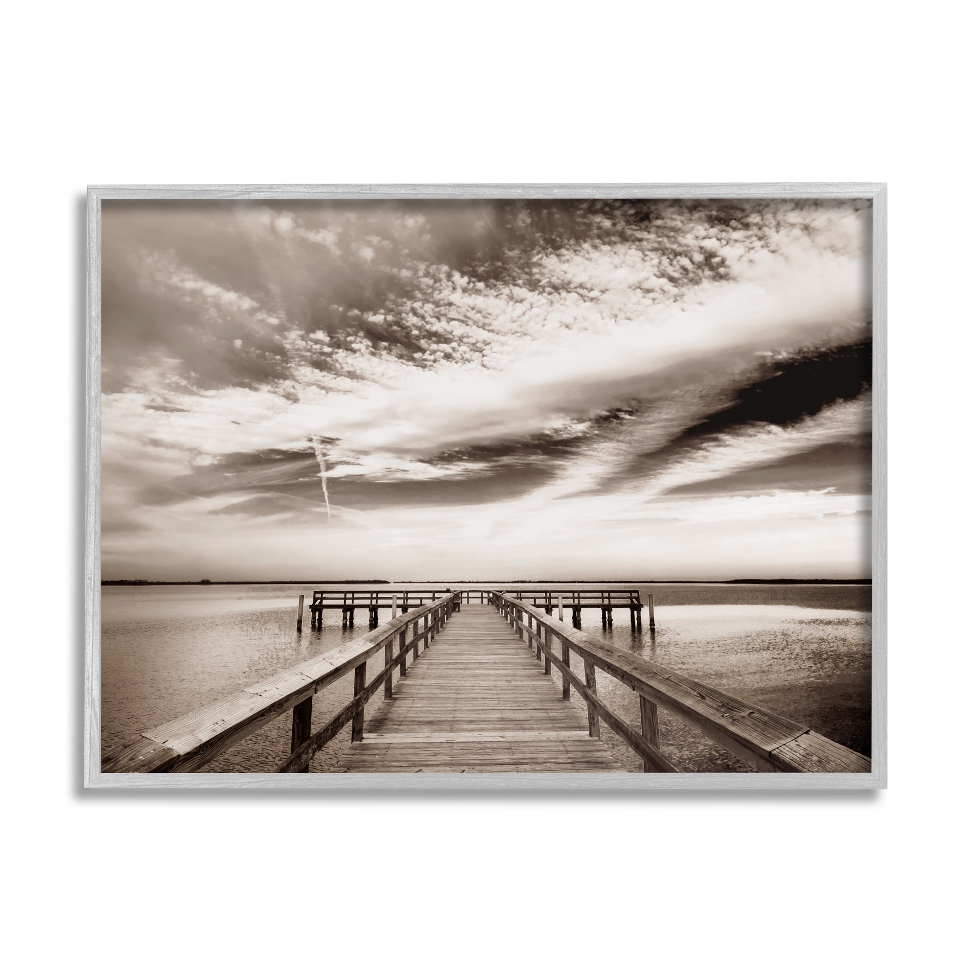 Stupell Industries Dock with Cloudy Sky Landscape Photography Gray Framed Art Print Wall Art, 20 x 16