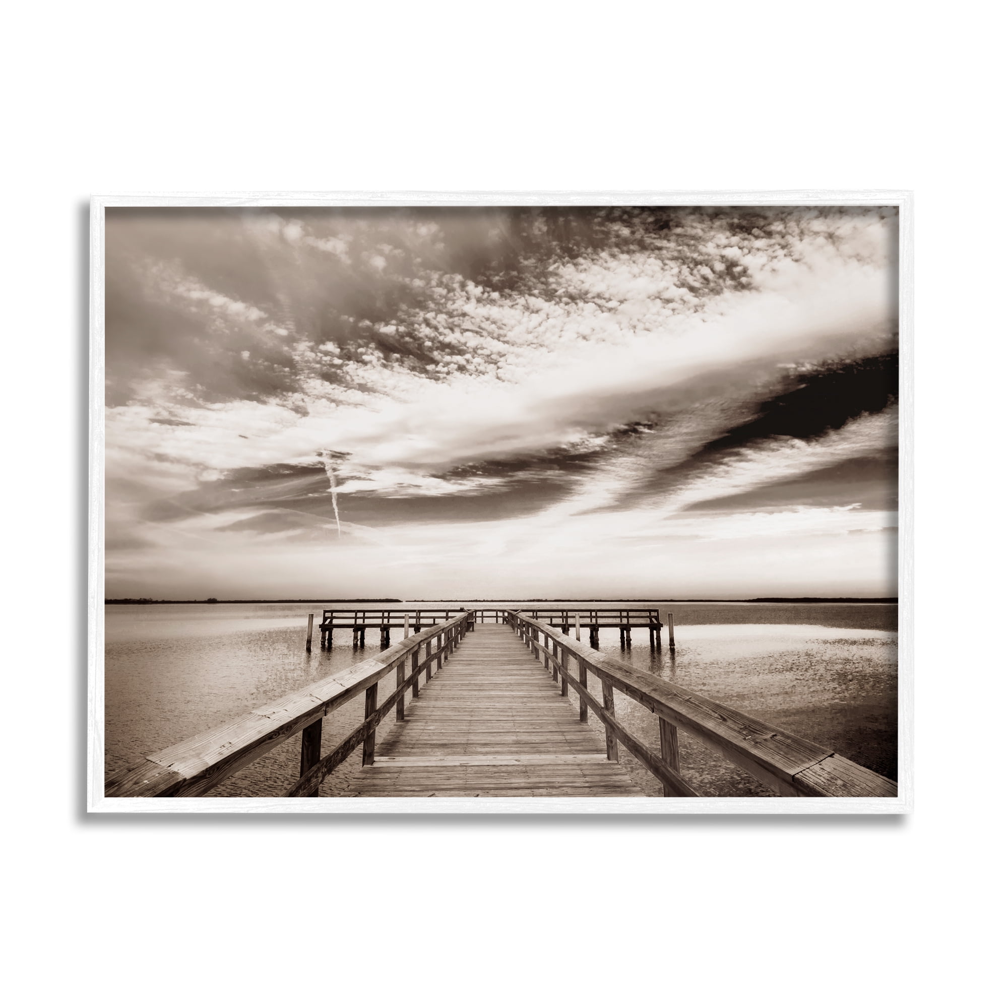 Stupell Industries Dock with Cloudy Sky Landscape Photography White Framed Art Print Wall Art, 30 x 24