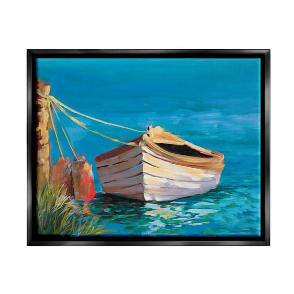 Stupell Industries Docked Boat in Lake Transportation Painting Black Floater Framed Art Print Wall Art, 31 x 25