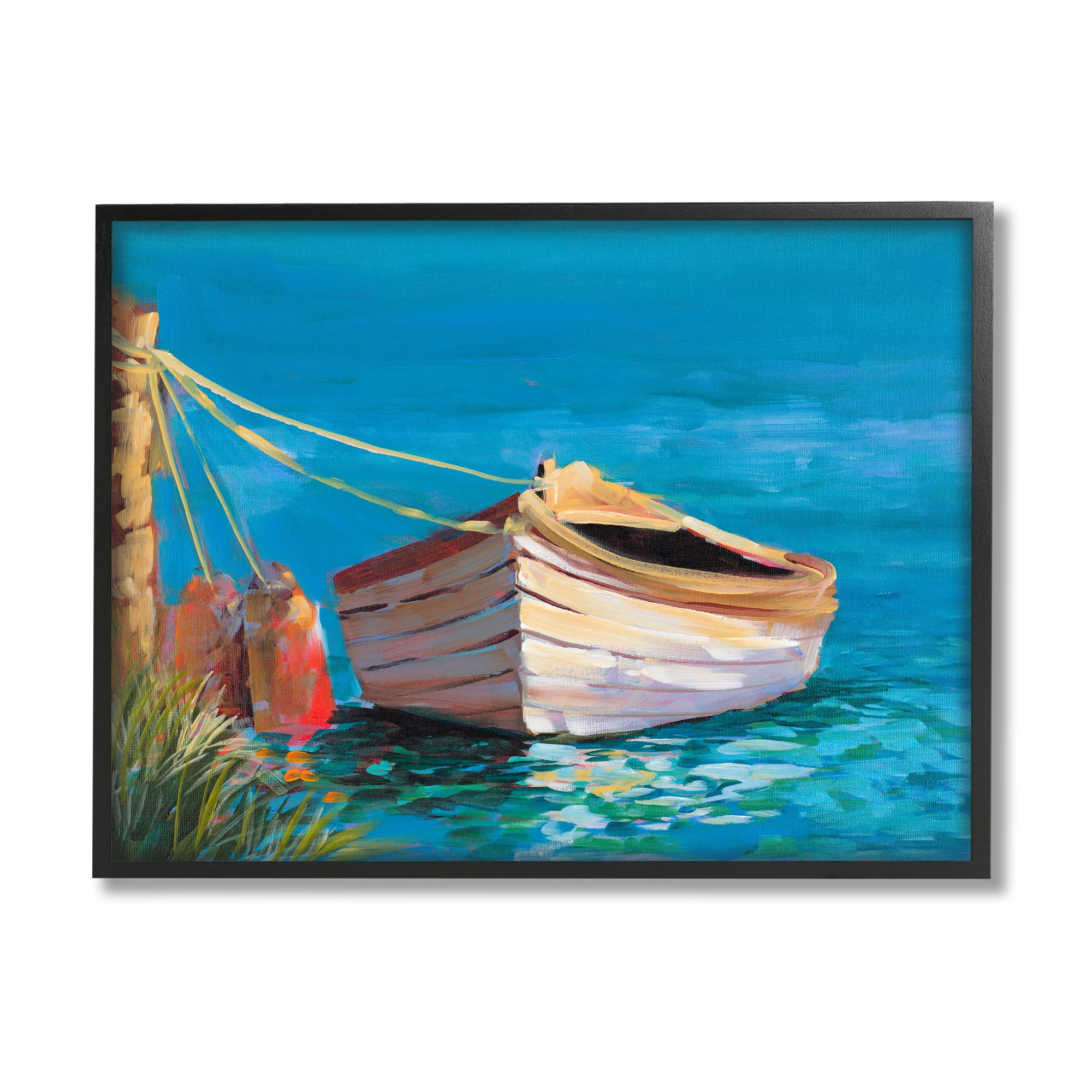 Stupell Industries Docked Boat in Lake Transportation Painting Black Framed Art Print Wall Art, 20 x 16