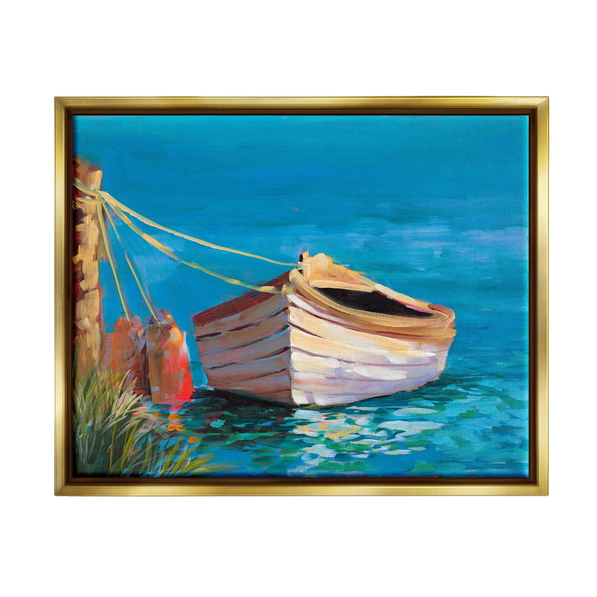Stupell Industries Docked Boat in Lake Transportation Painting Gold Floater Framed Art Print Wall Art, 31 x 25