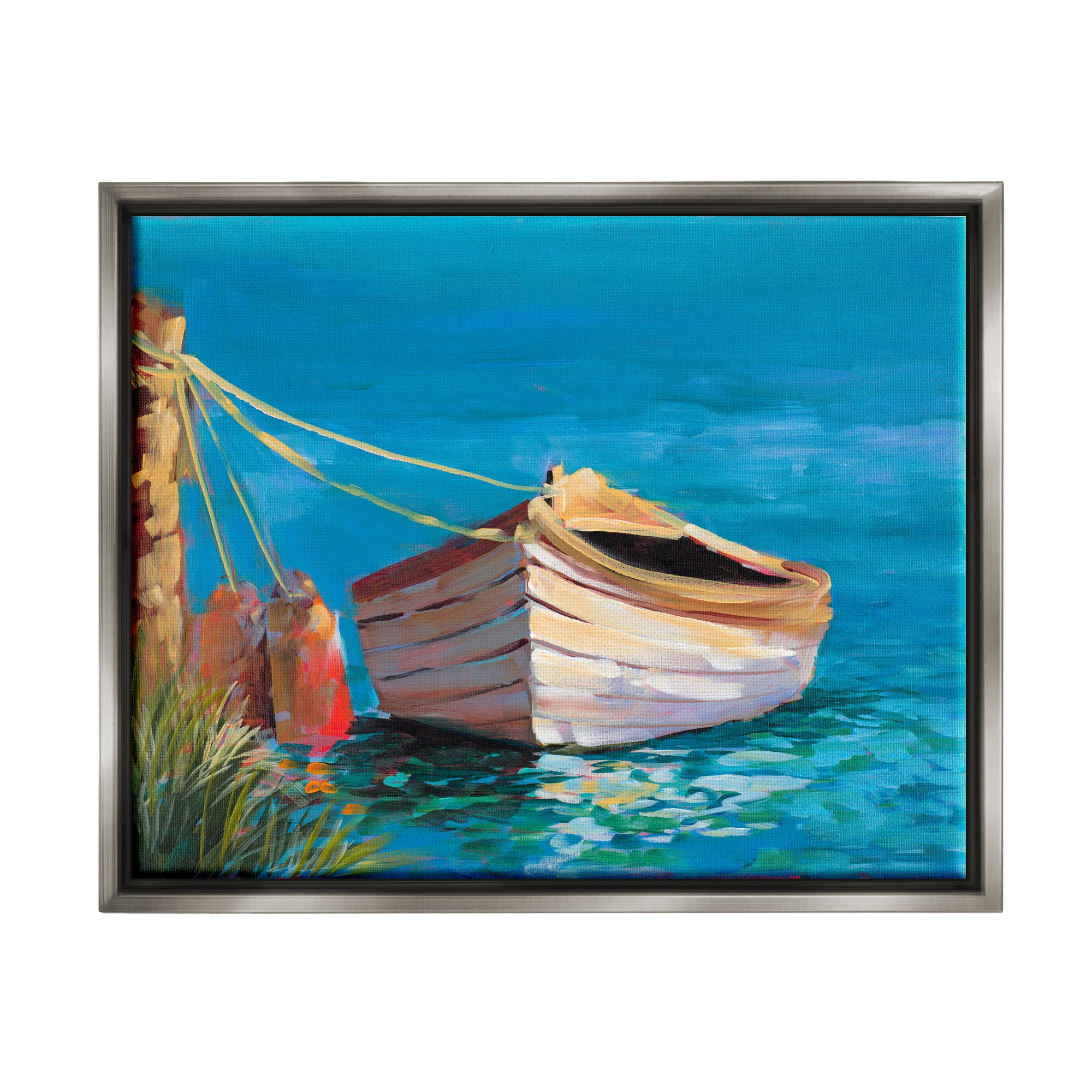 Stupell Industries Docked Boat in Lake Transportation Painting Gray Floater Framed Art Print Wall Art, 21 x 17