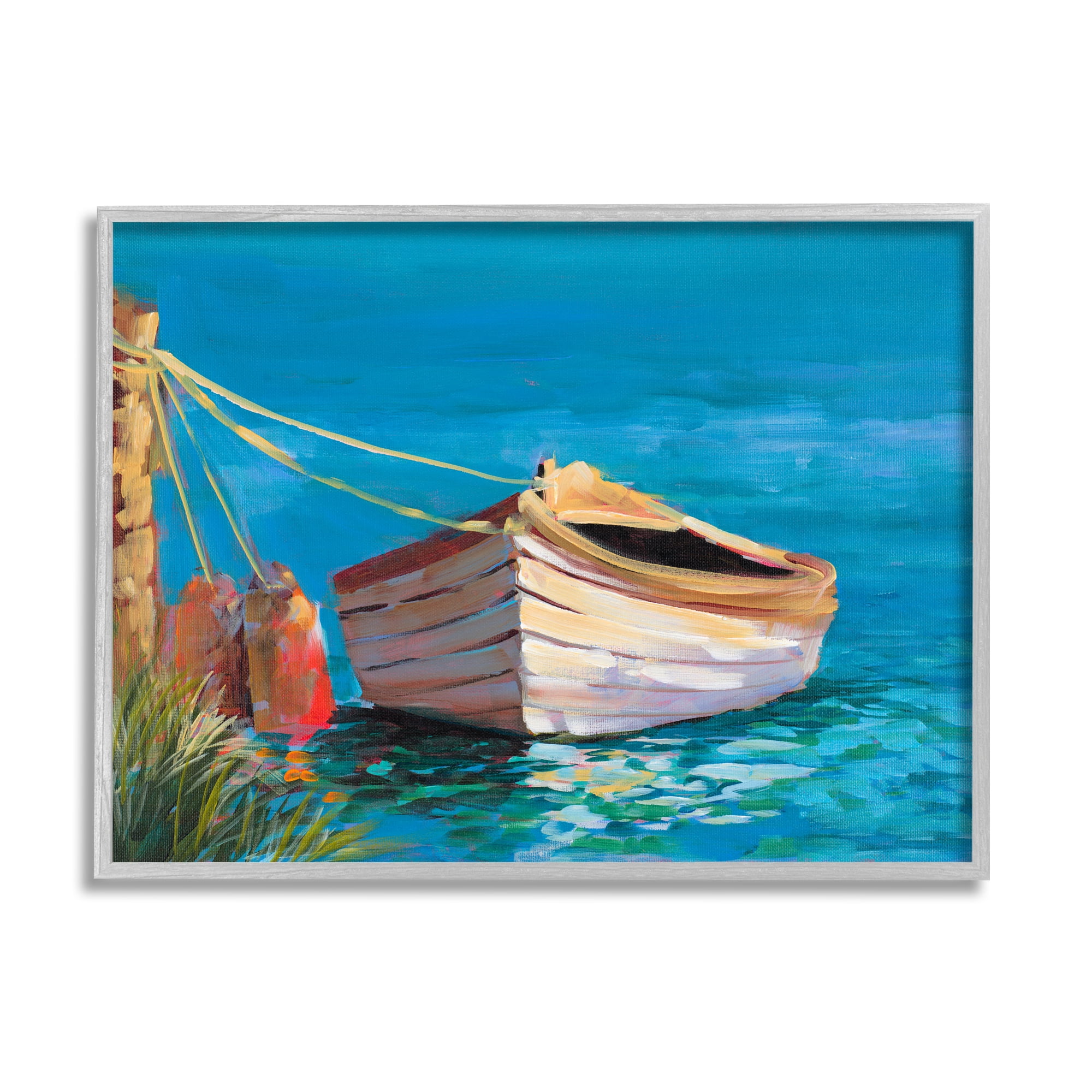 Stupell Industries Docked Boat in Lake Transportation Painting Gray Framed Art Print Wall Art, 20 x 16