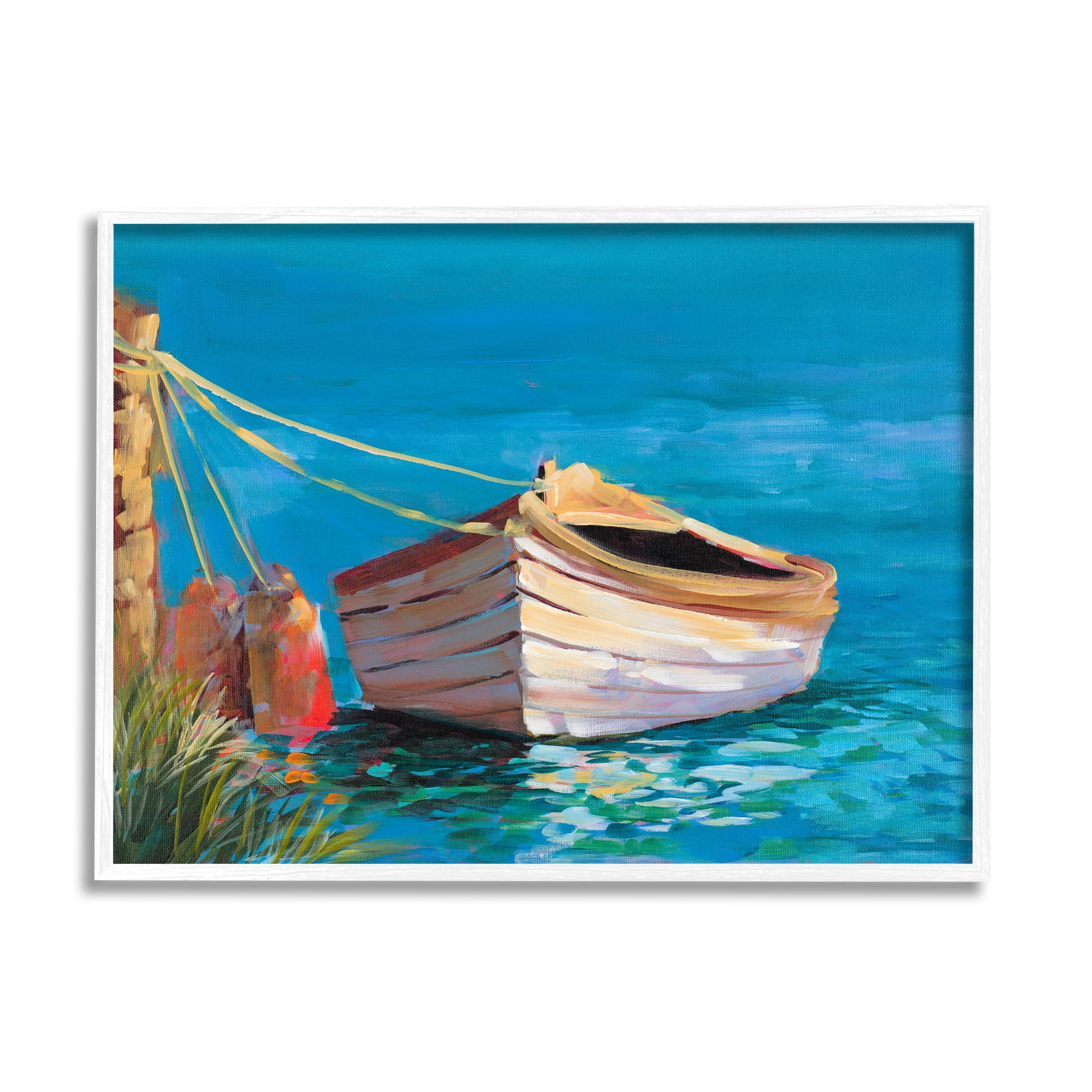 Stupell Industries Docked Boat in Lake Transportation Painting White Framed Art Print Wall Art, 20 x 16