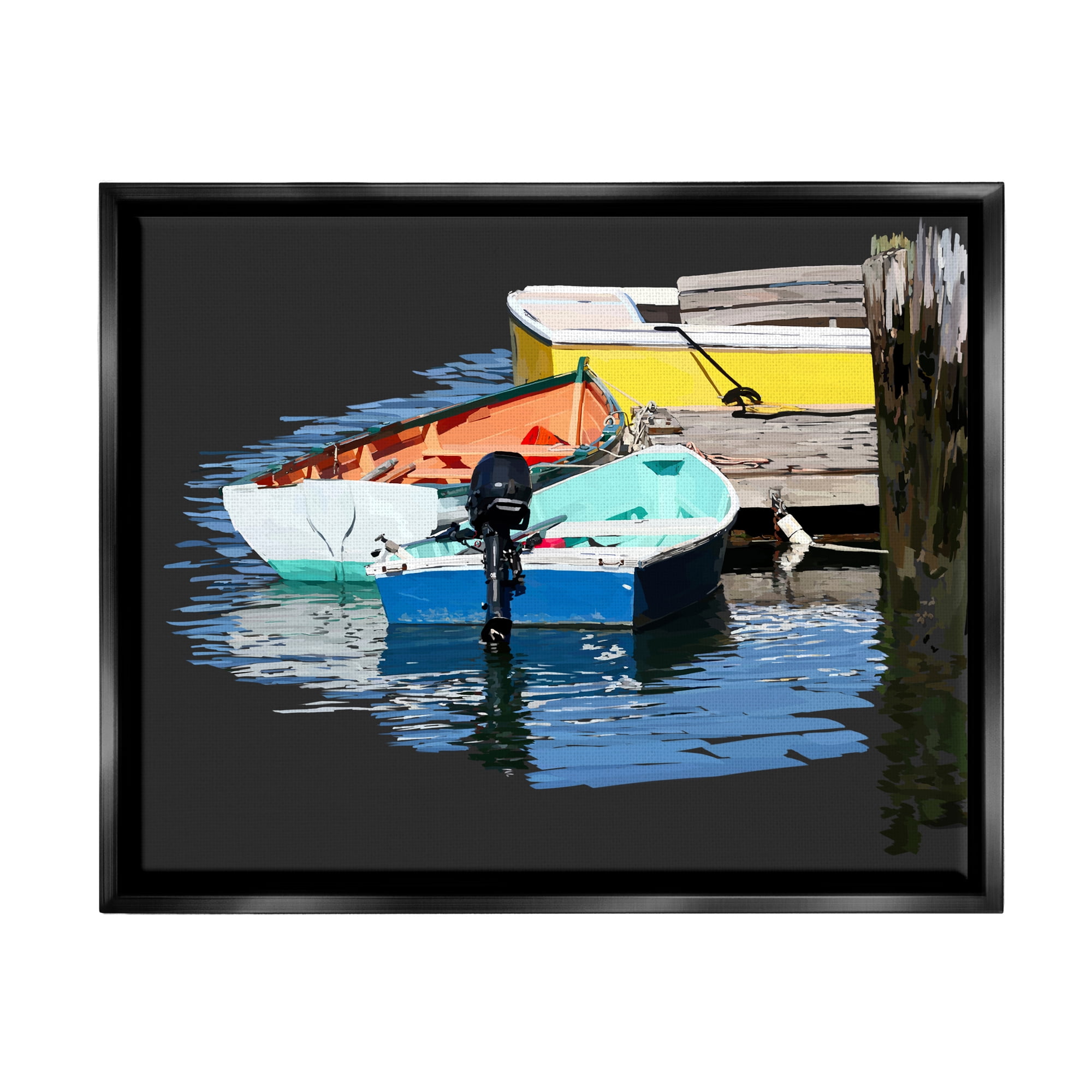 Stupell Industries Docked Dinghy Boats Bold Hues Coastal Photography Black Floater Framed Art Print Wall Art