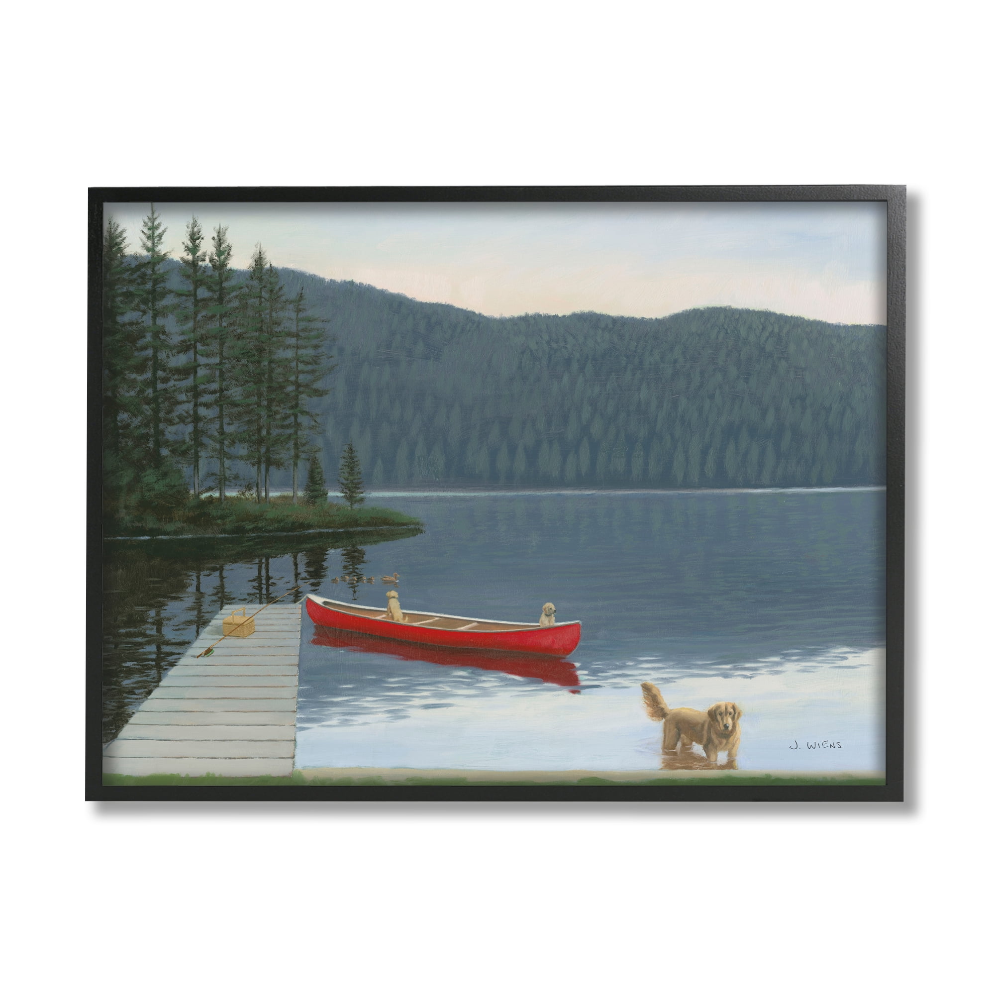 Stupell Industries Docked Row Boat Lake Forest Landscape Pet Dogs, 14 x 11, Design by James Wiens