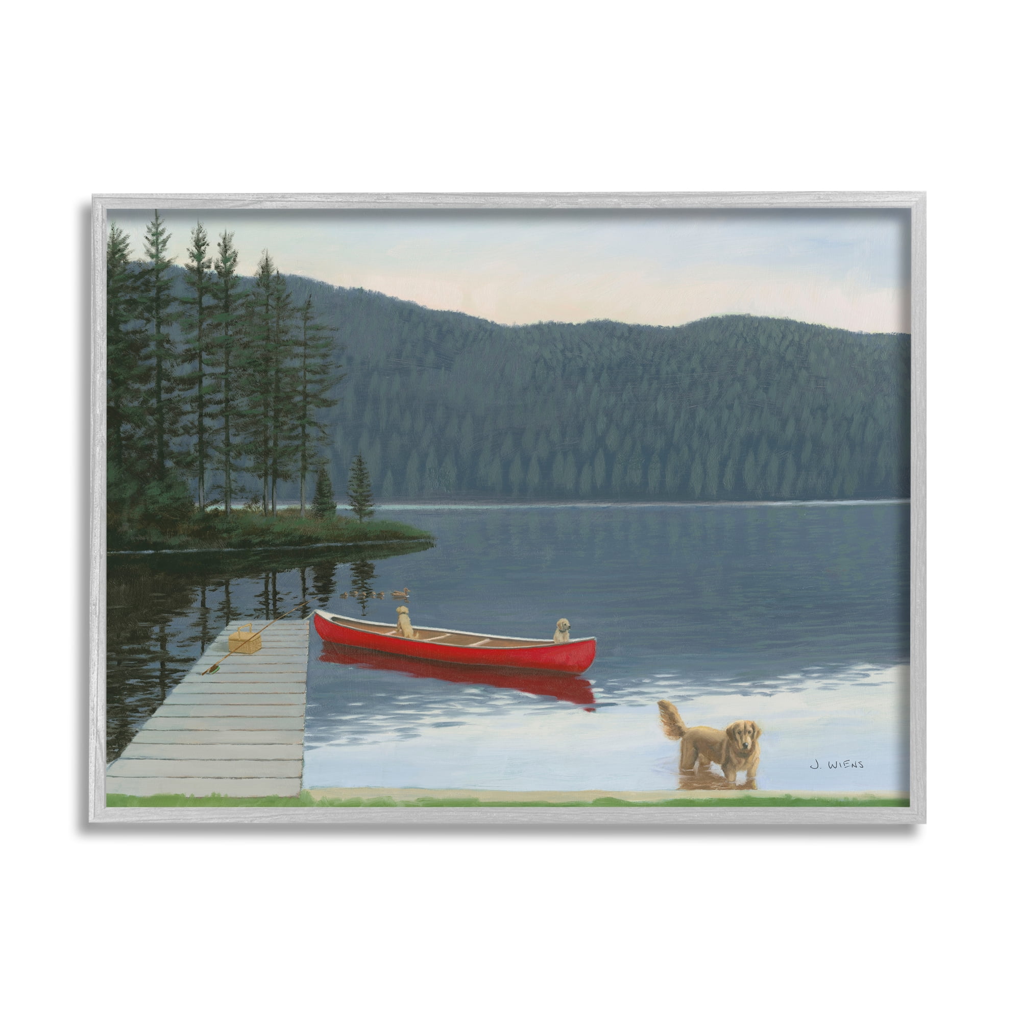 Stupell Industries Docked Row Boat Lake Forest Landscape Pet Dogs, 20 x 16, Design by James Wiens