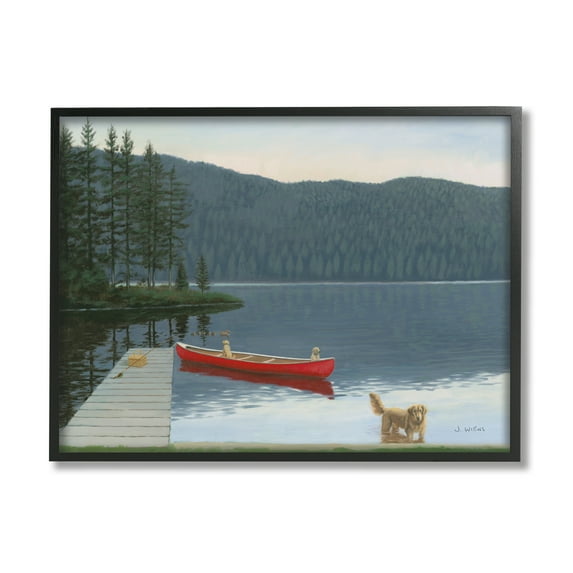 Stupell Industries Docked Row Boat Lake Forest Landscape Pet Dogs, 30 x 24, Design by James Wiens