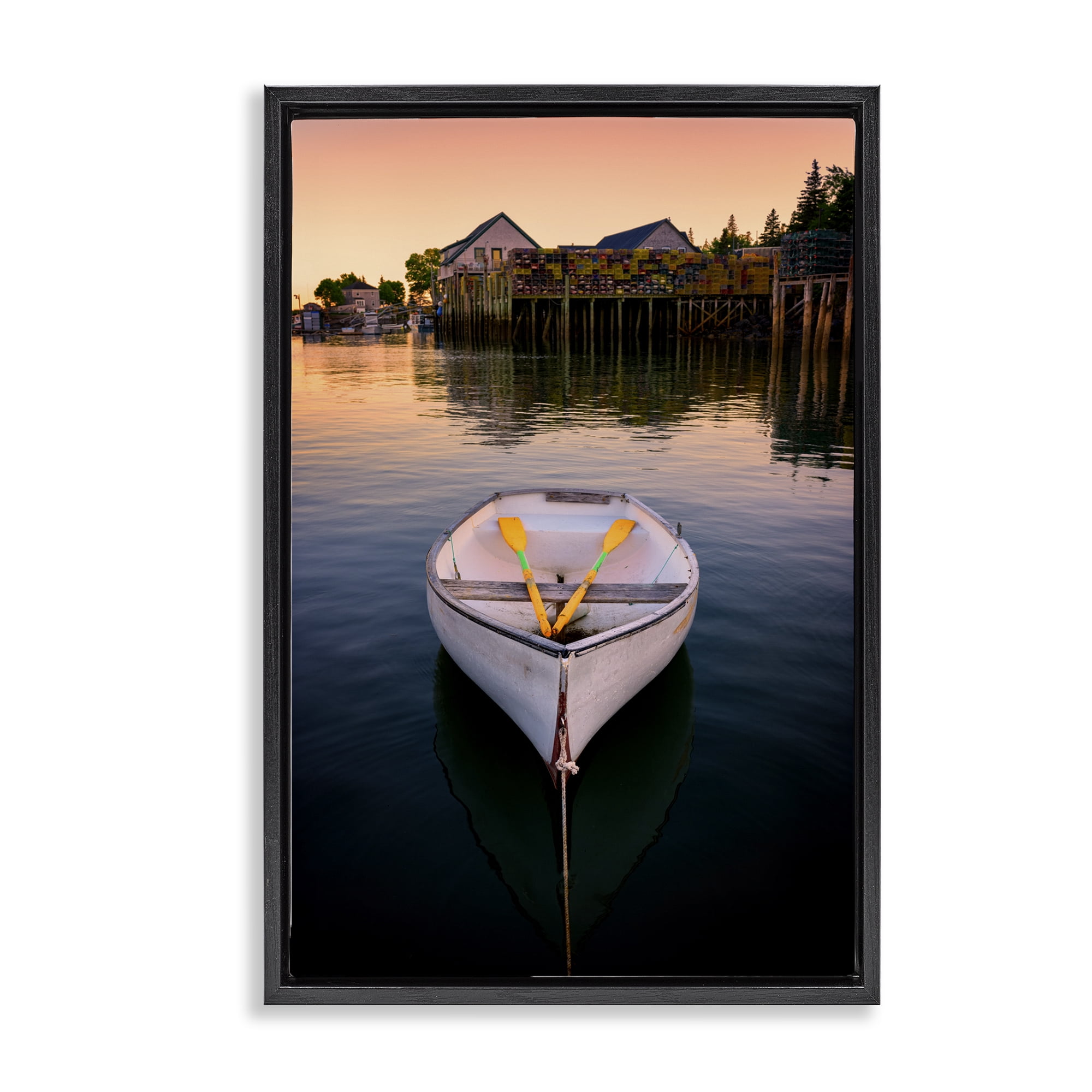 Stupell Industries Docked Rowboat with Oars Transportation Photography Black Floater Framed Canvas Art Print Wall Art, 17 x 25