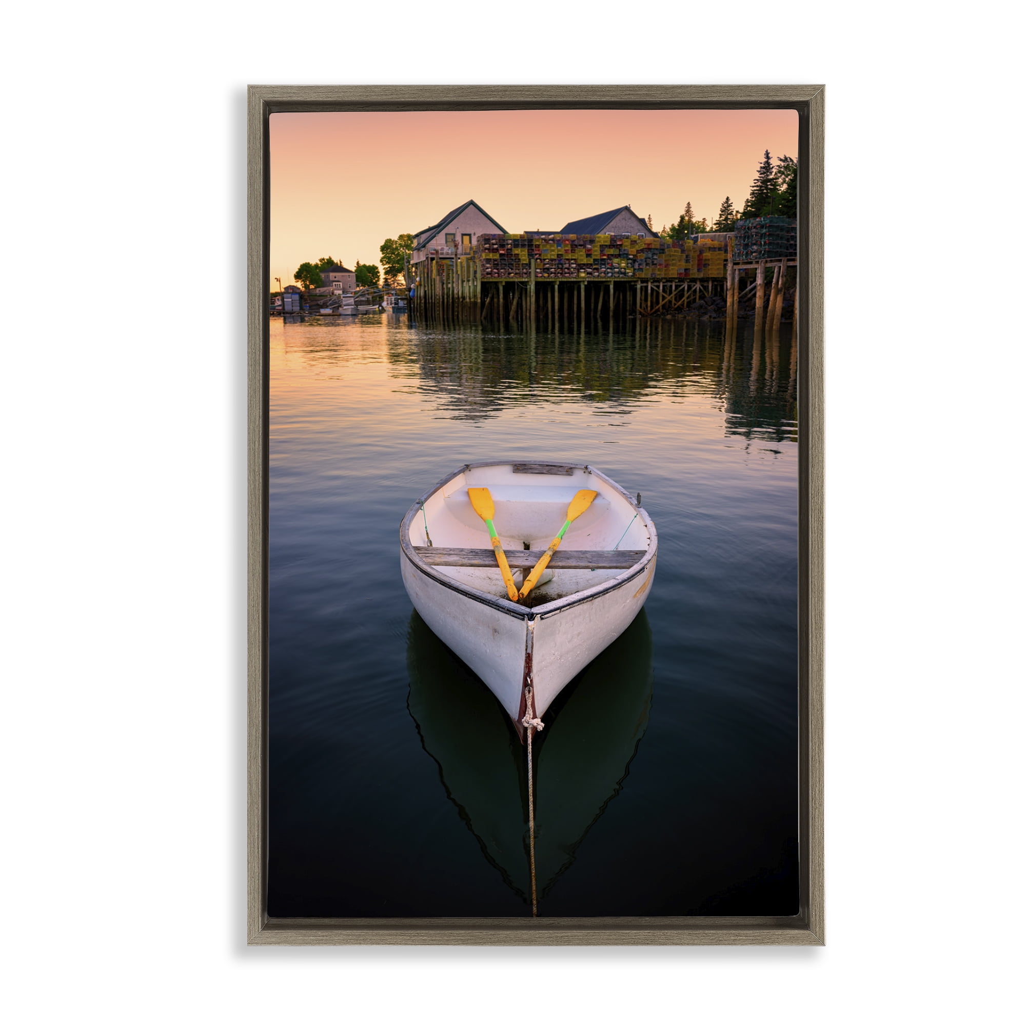 Stupell Industries Docked Rowboat with Oars Transportation Photography Brown Floater Framed Canvas Art Print Wall Art, 17 x 25
