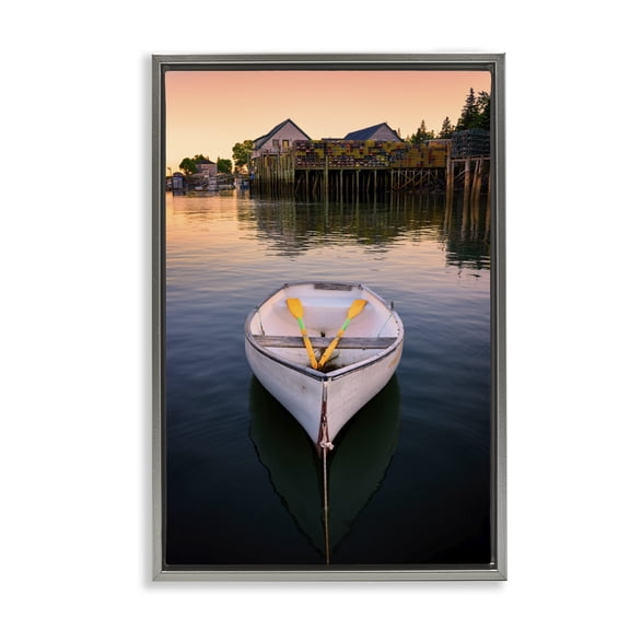 Stupell Industries Docked Rowboat with Oars Transportation Photography Gray Floater Framed Canvas Art Print Wall Art, 17 x 25
