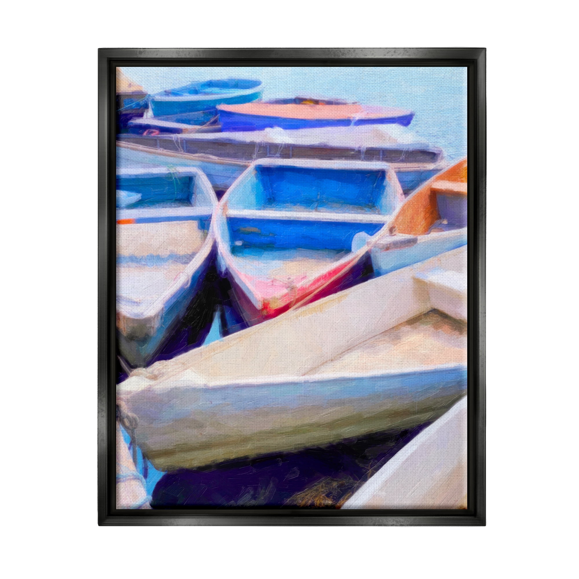 Stupell Industries Docked Rowboats Vivid Hues Coastal Painting Black Floater Framed Art Print Wall Art