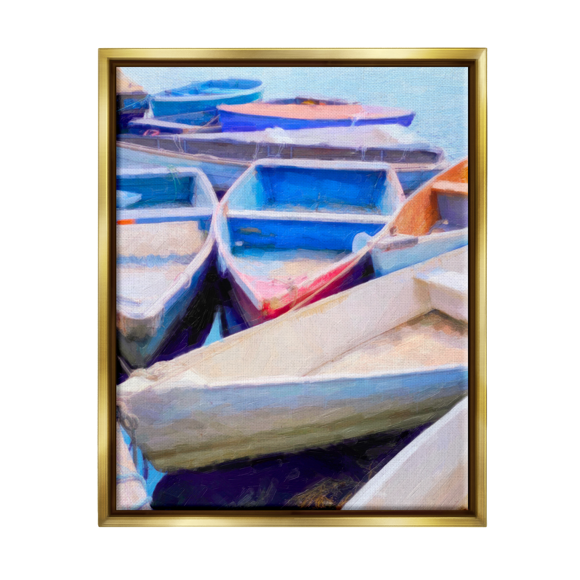 Stupell Industries Docked Rowboats Vivid Hues Coastal Painting Gold Floater Framed Art Print Wall Art